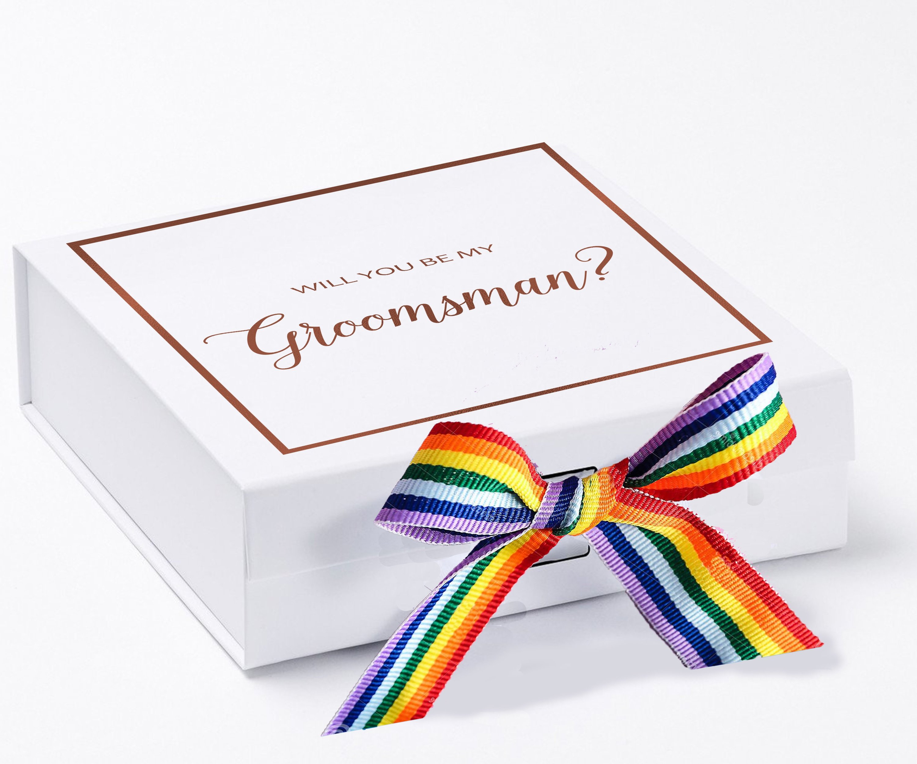 Elegant white groomsman proposal box with metallic writing and rainbow bow, showcasing its luxurious design.