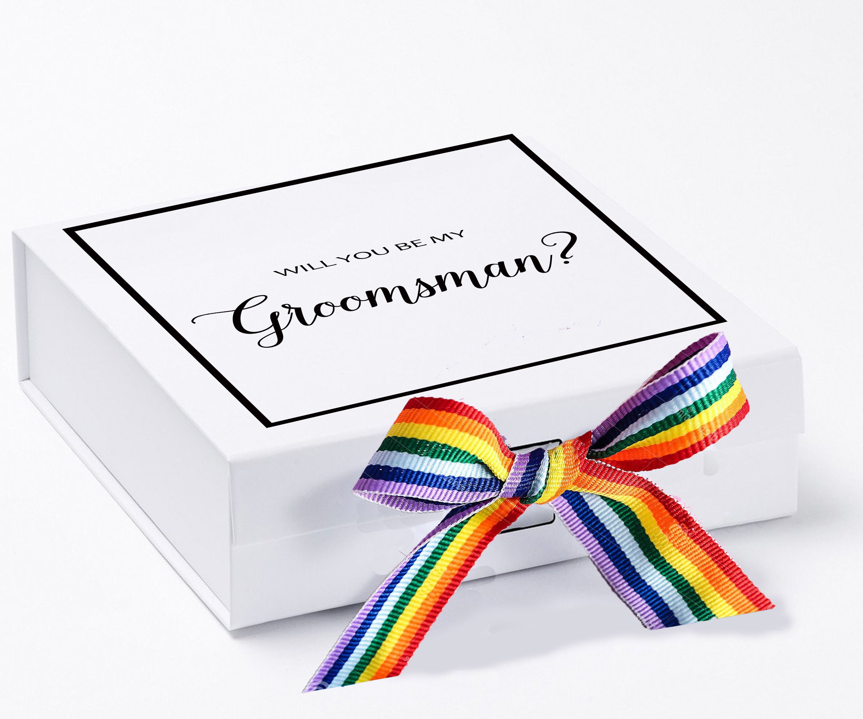 Elegant white groomsman proposal box with metallic writing and rainbow bow, showcasing its luxurious design.