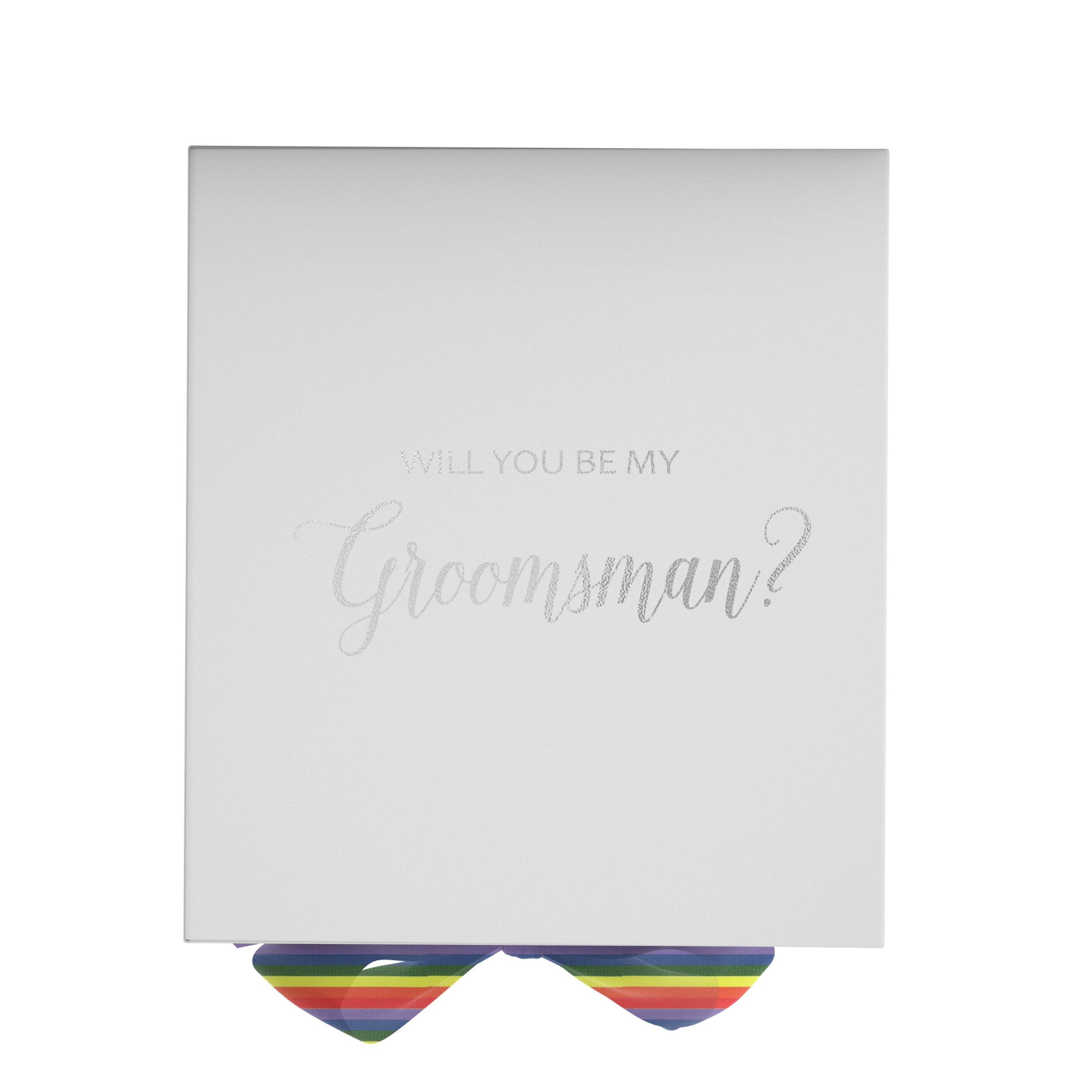 Elegant white groomsman proposal box with metallic writing and rainbow bow, showcasing its luxurious design.