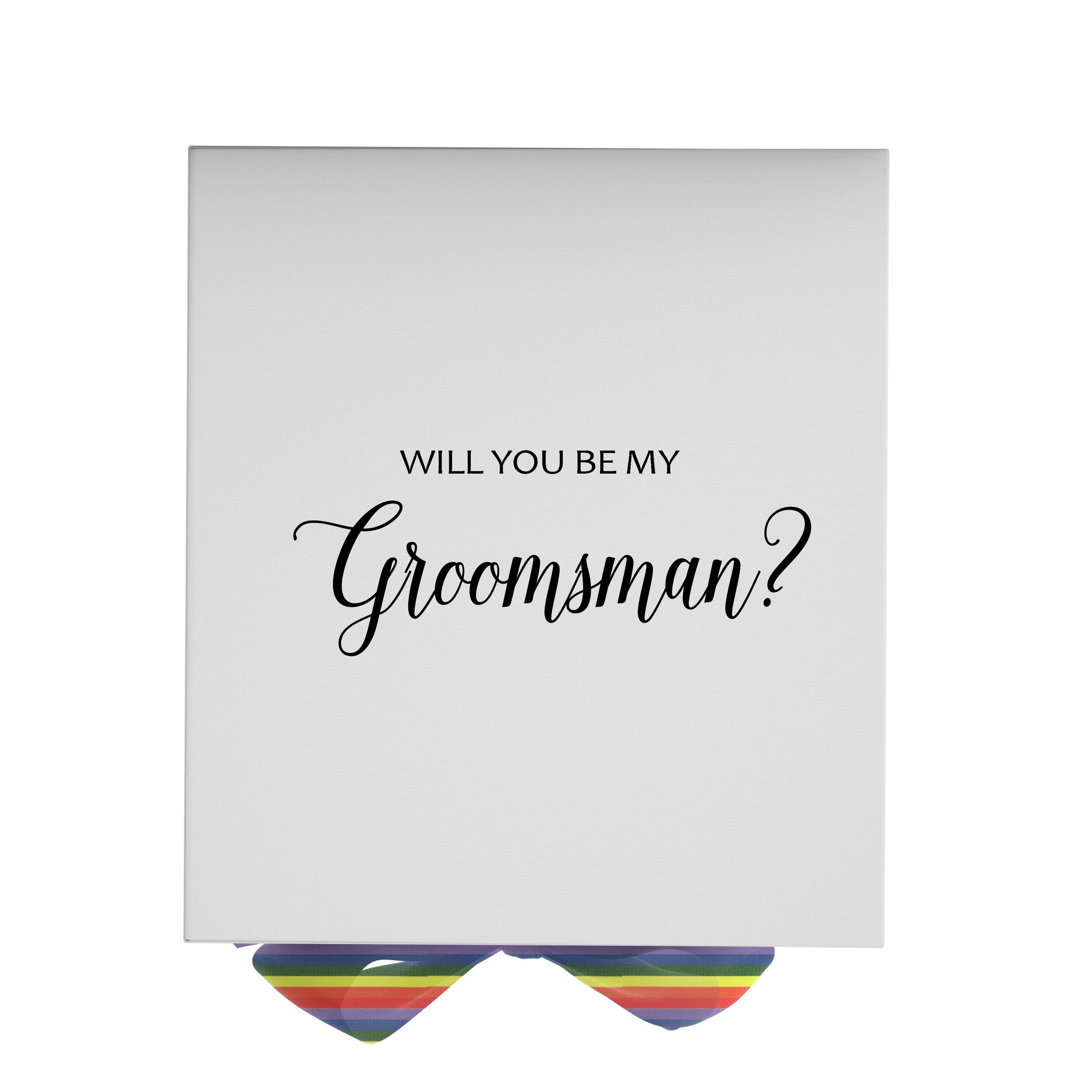 Elegant white groomsman proposal box with metallic writing and rainbow bow, showcasing its luxurious design.