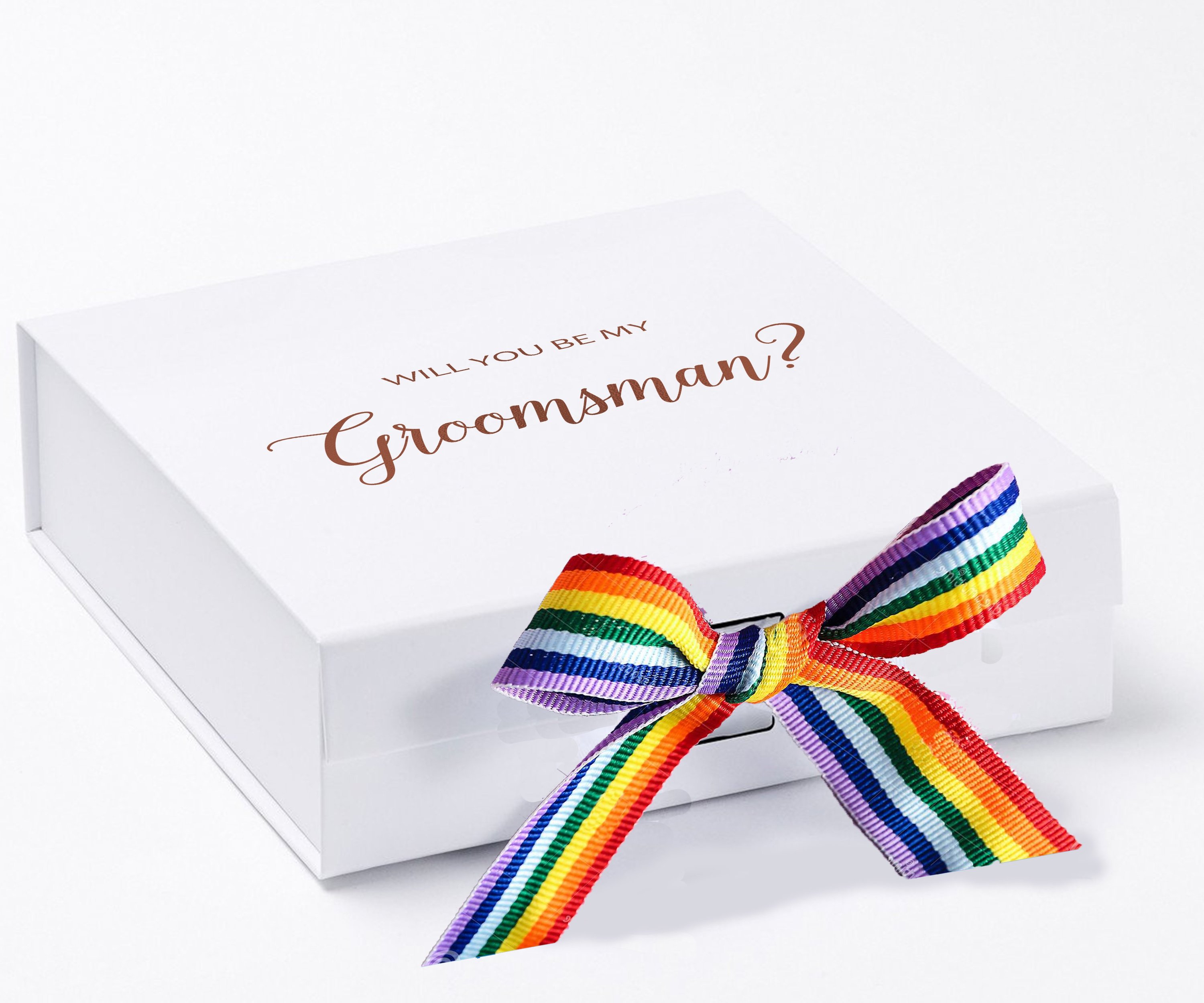 Elegant white groomsman proposal box with metallic writing and rainbow bow, showcasing its luxurious design.