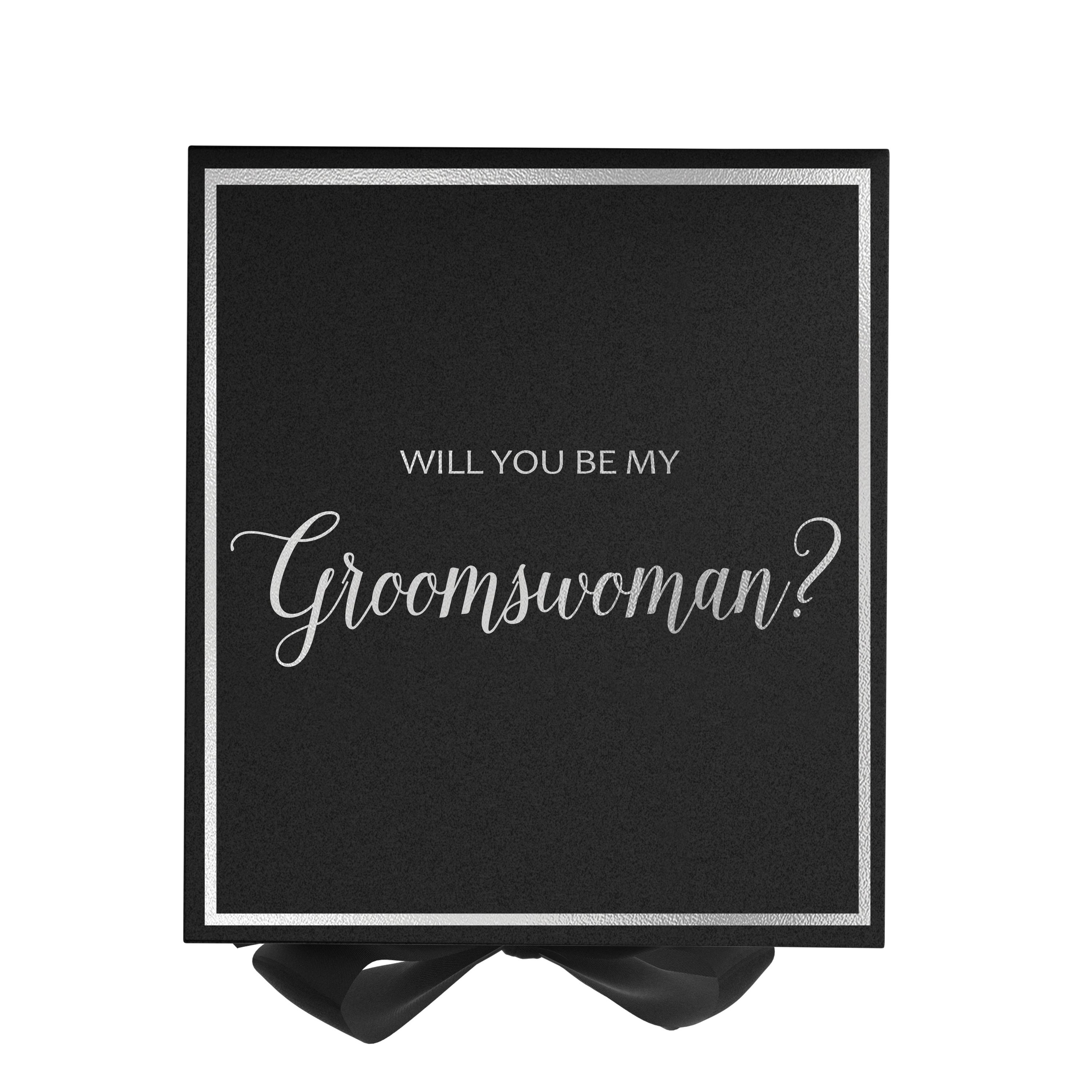 Elegant black proposal box with metallic writing and a black bow, designed for asking a groomswoman.