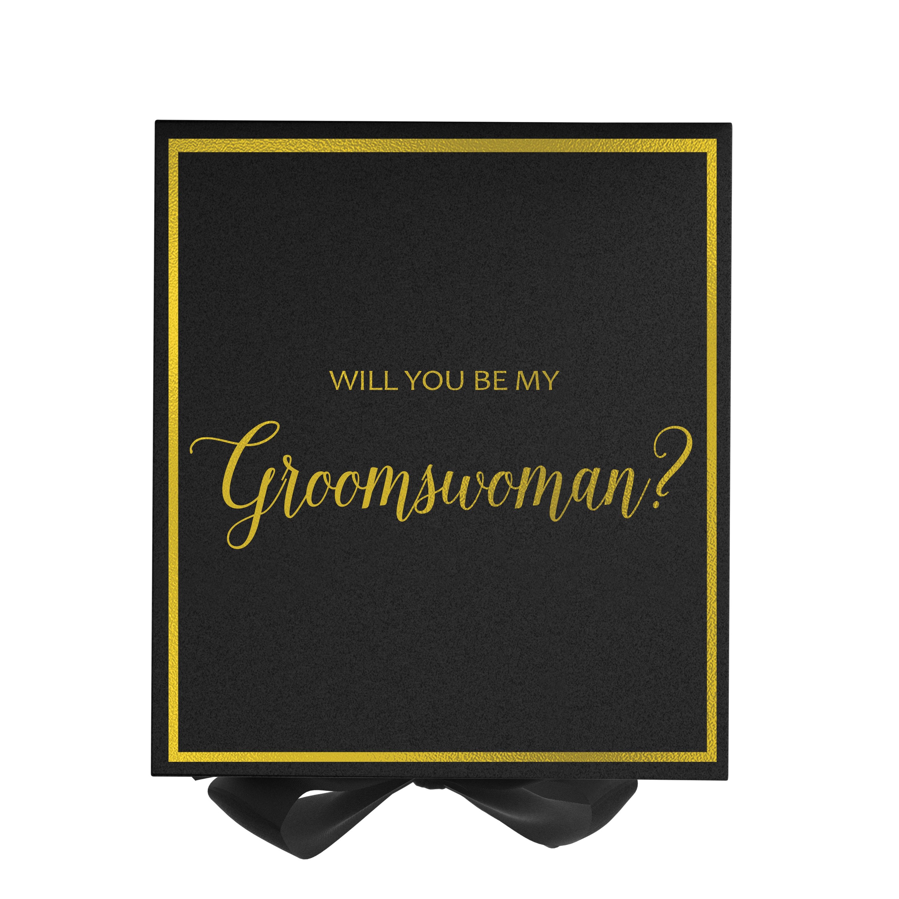 Elegant black proposal box with metallic writing and a black bow, designed for asking a groomswoman.