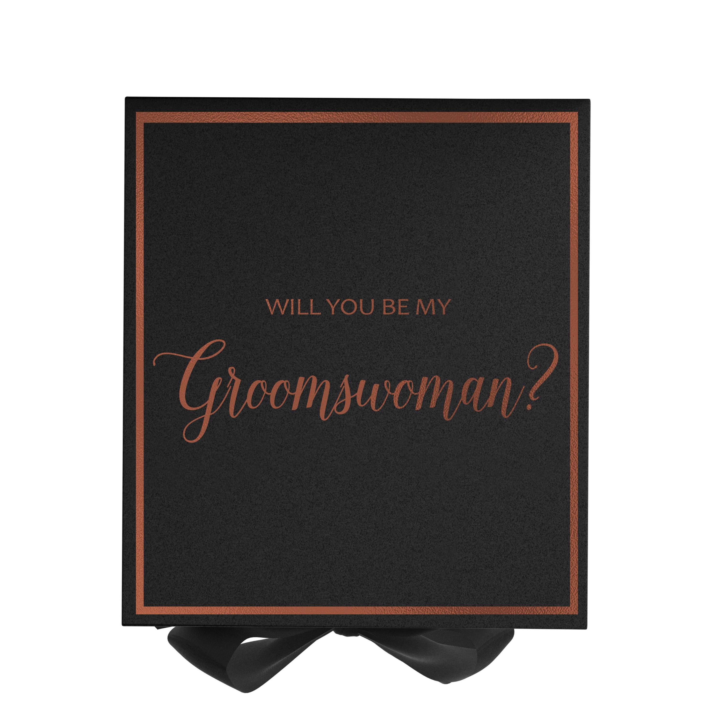 Elegant black proposal box with metallic writing and a black bow, designed for asking a groomswoman.