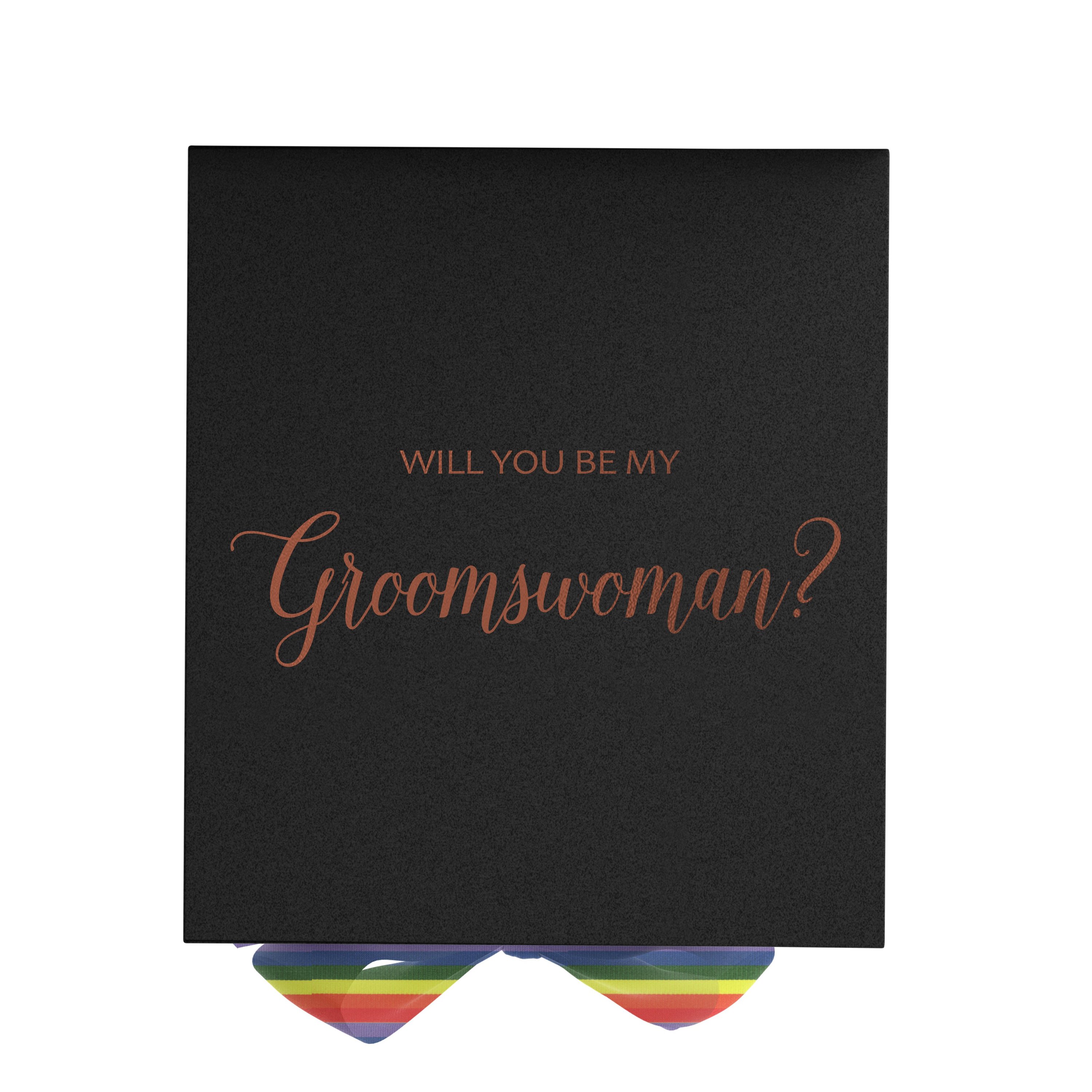 Elegant black proposal box with metallic writing and rainbow bow, perfect for groomswoman gifts.