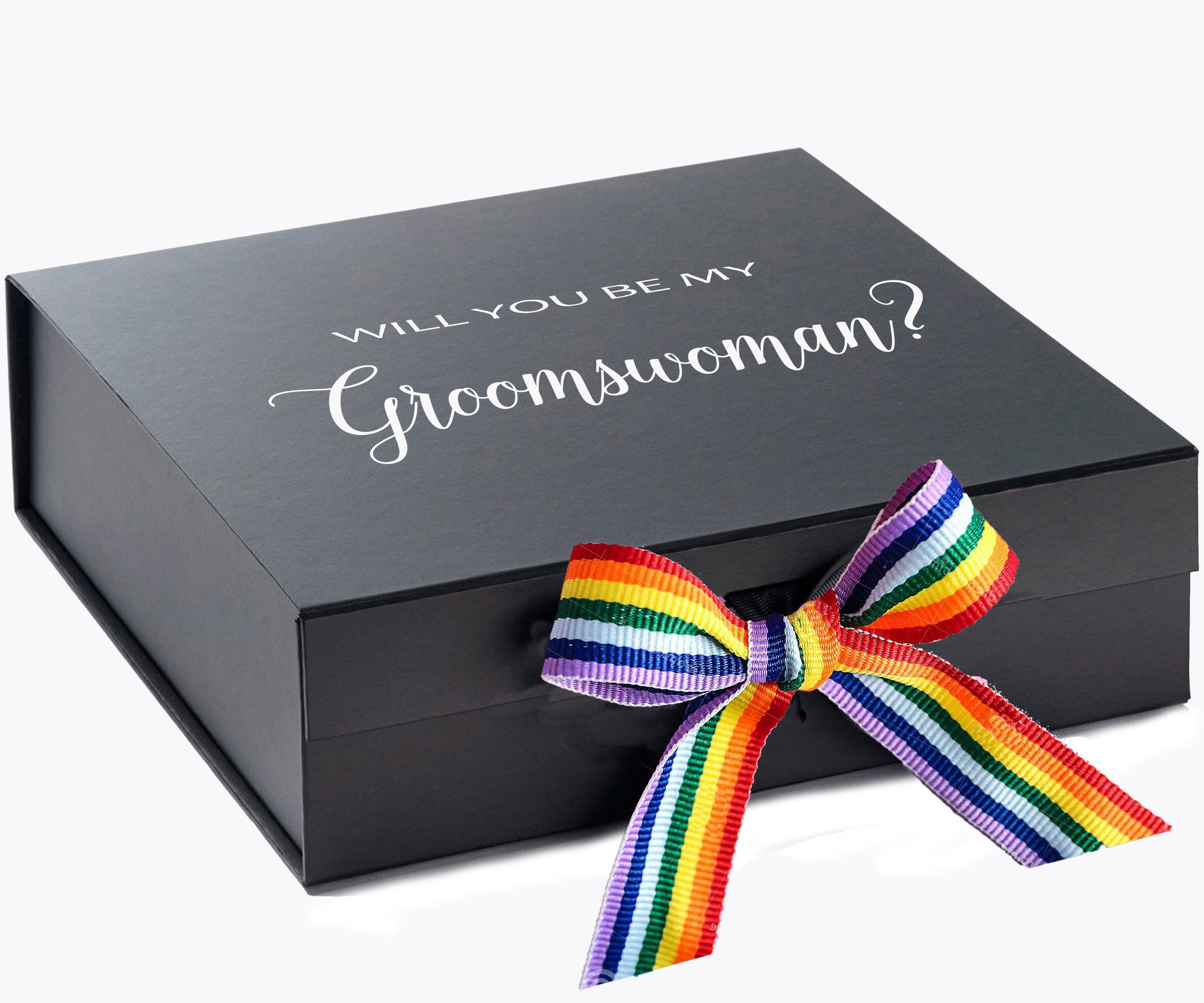 Elegant black proposal box with metallic writing and rainbow bow, perfect for groomswoman gifts.