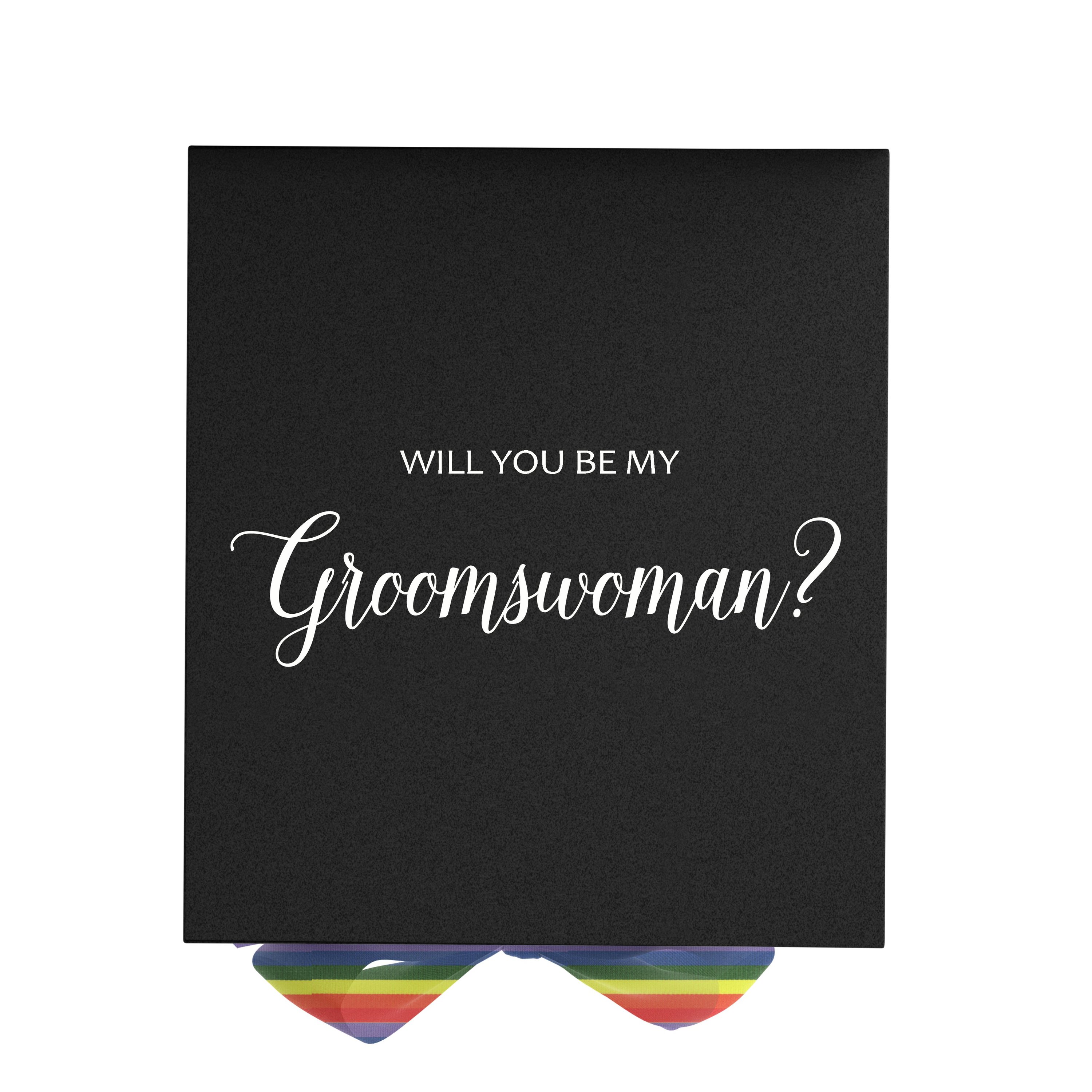 Elegant black proposal box with metallic writing and rainbow bow, perfect for groomswoman gifts.