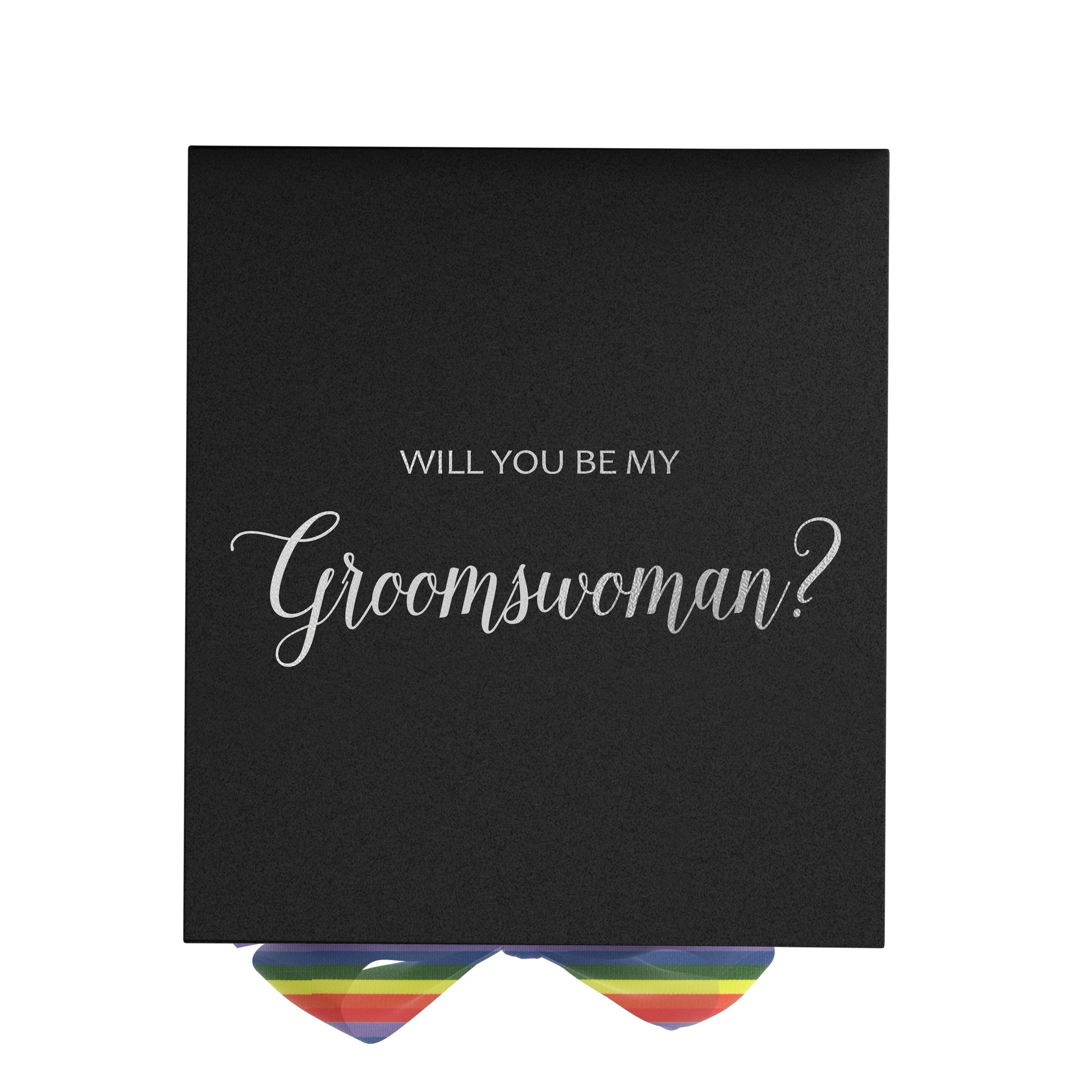 Elegant black proposal box with metallic writing and rainbow bow, perfect for groomswoman gifts.