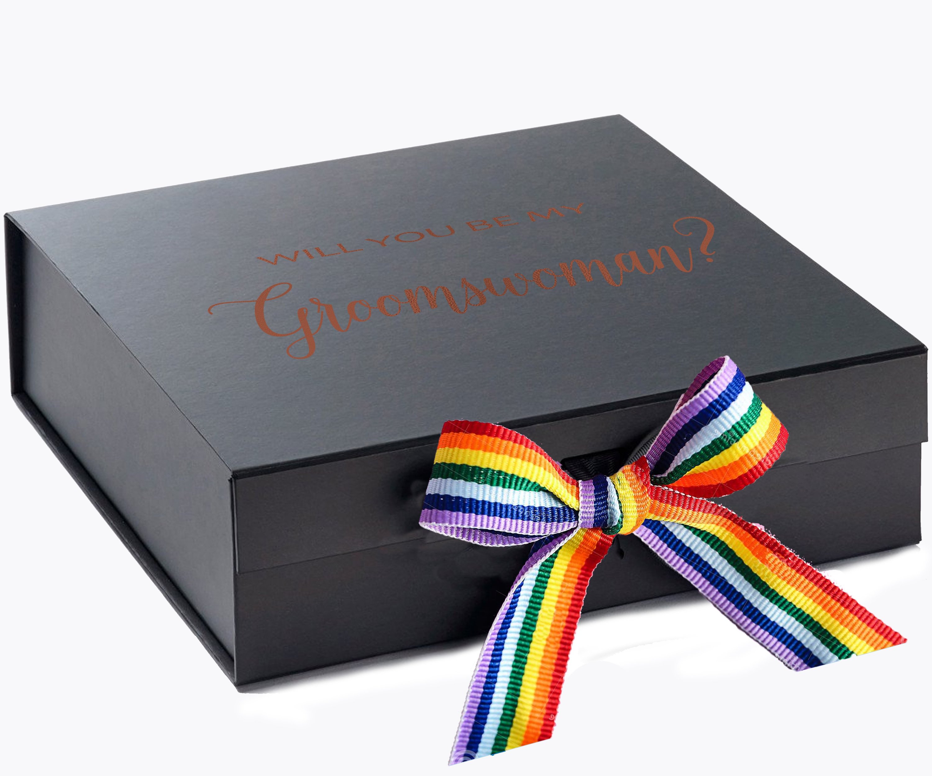 Elegant black proposal box with metallic writing and rainbow bow, perfect for groomswoman gifts.