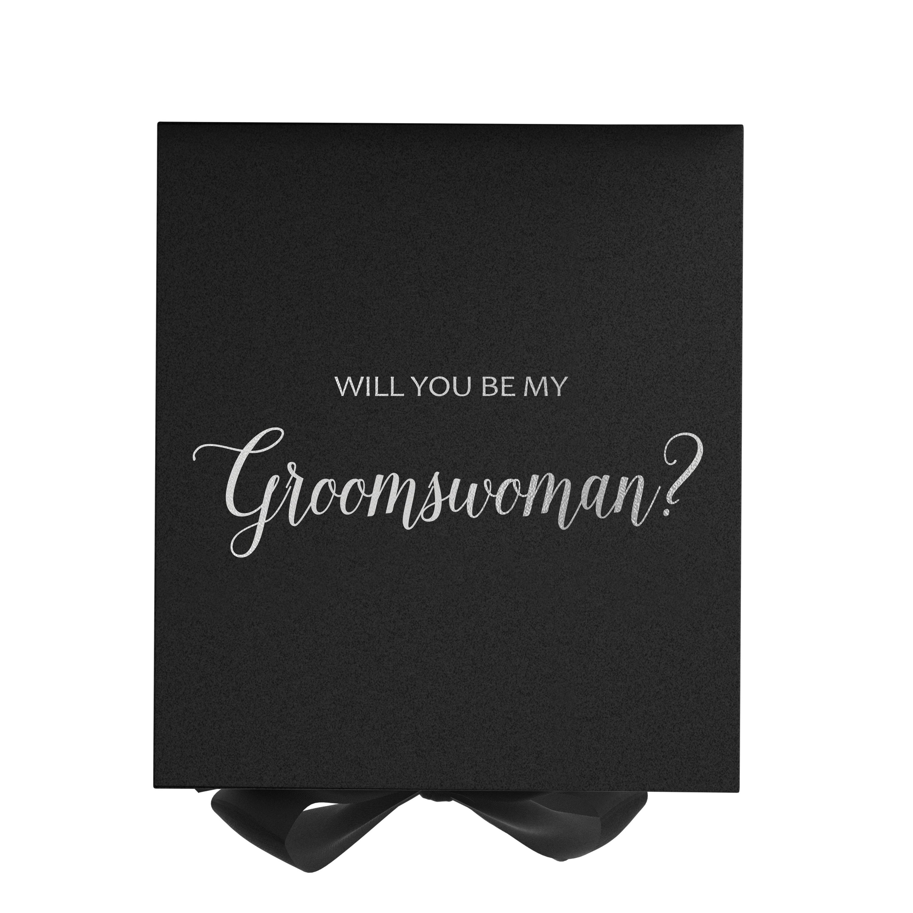 Elegant black proposal box with metallic writing, featuring a black bow and no border design.
