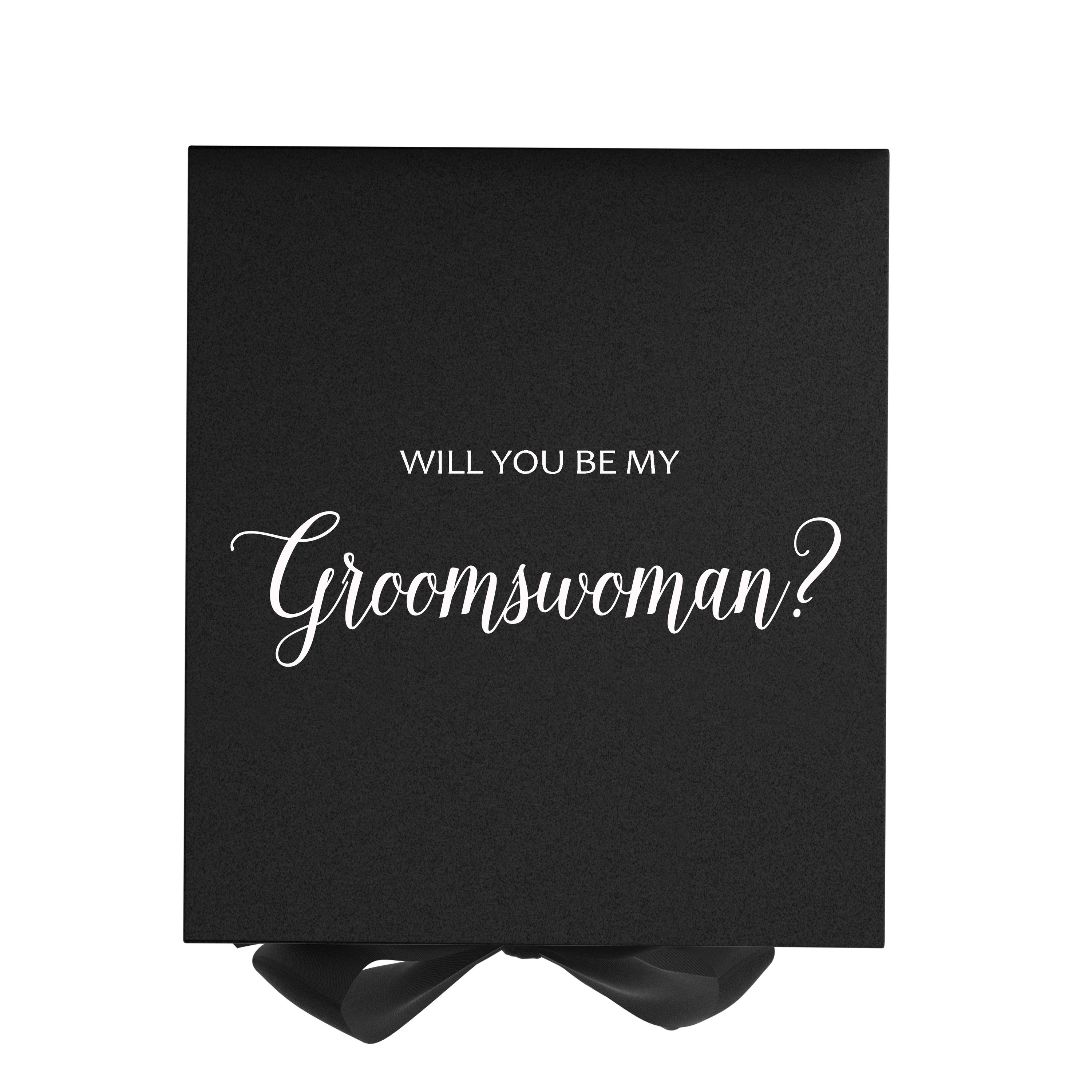 Elegant black proposal box with metallic writing, featuring a black bow and no border design.