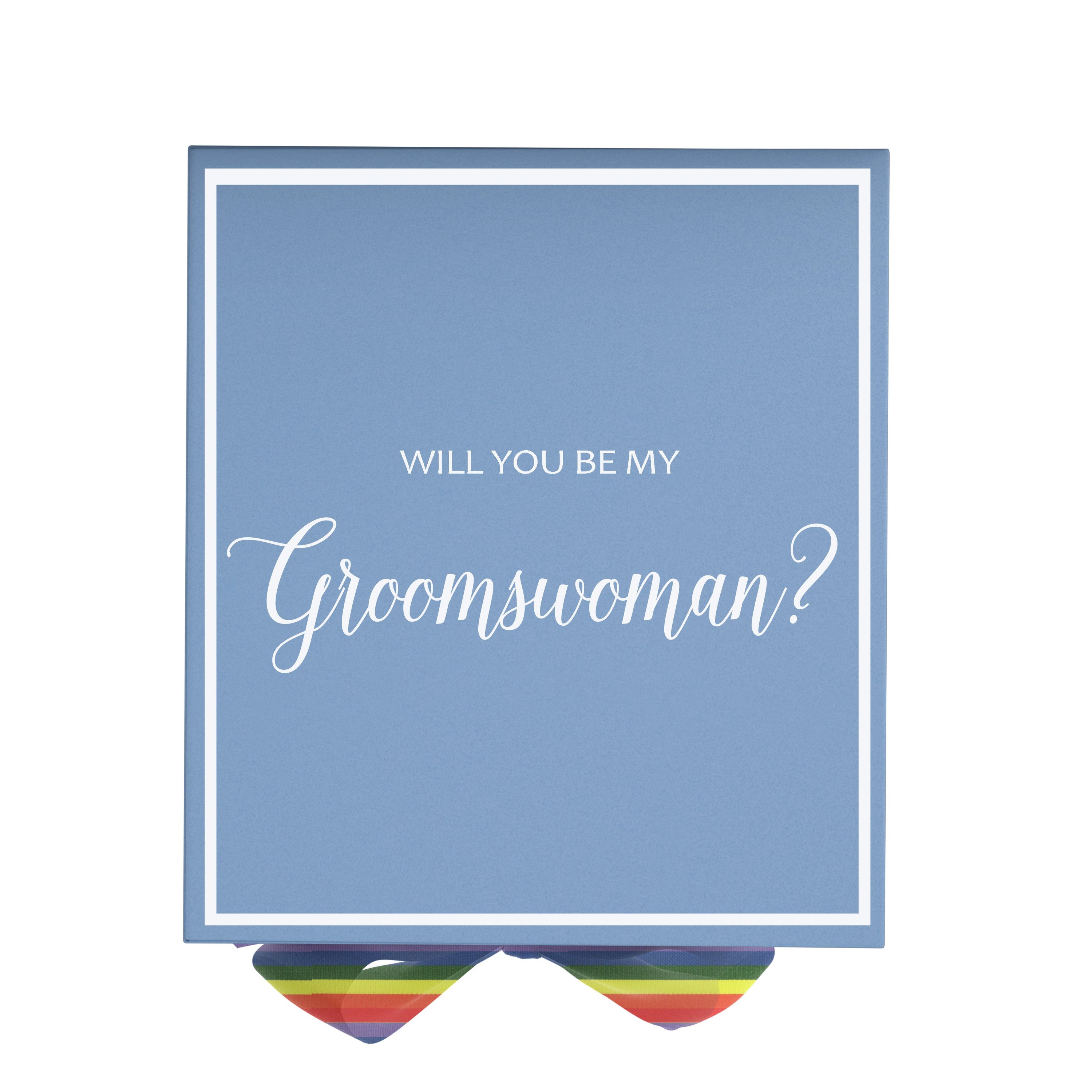 Light blue proposal box with metallic writing and rainbow bow, perfect for asking a groomswoman.