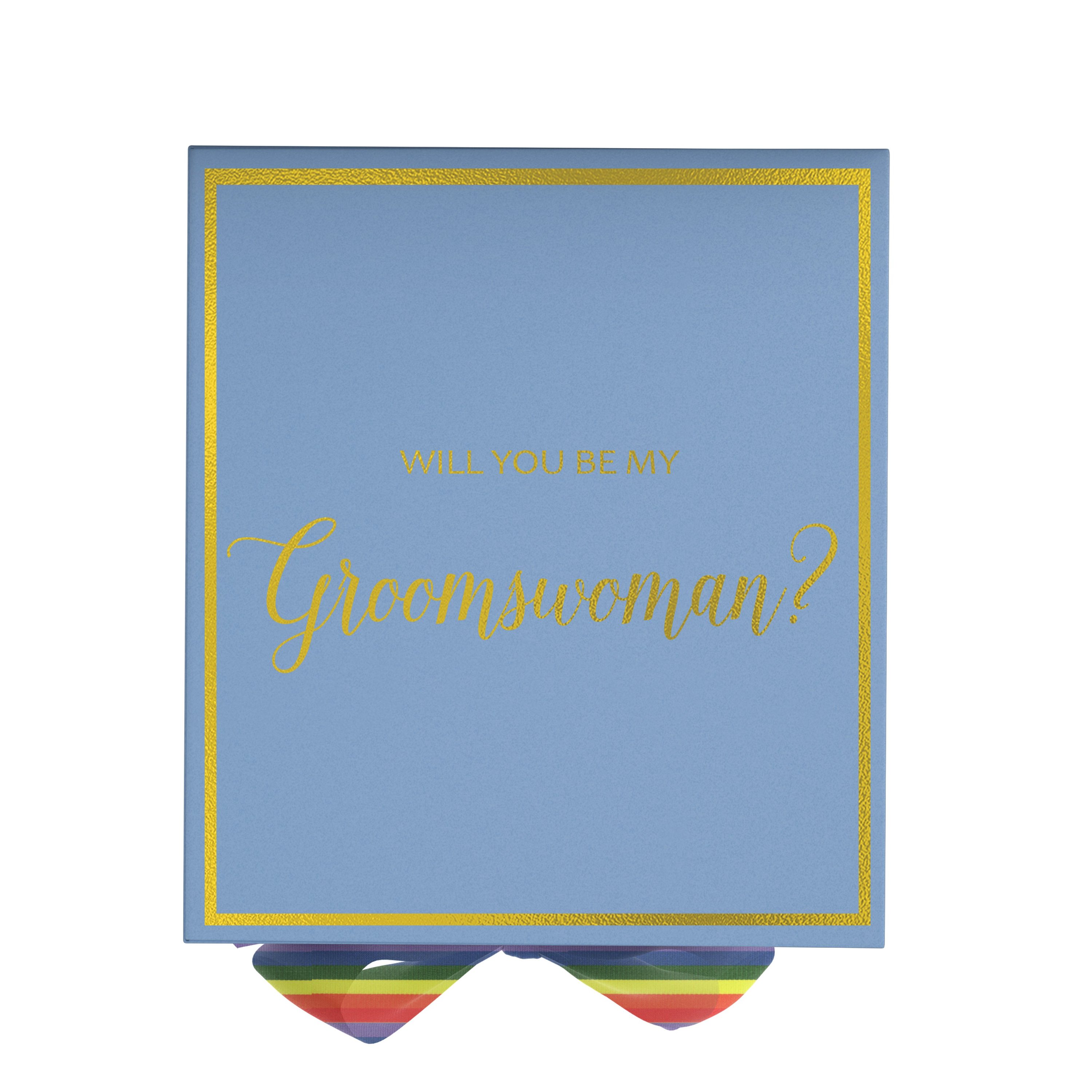 Light blue proposal box with metallic writing and rainbow bow, perfect for asking a groomswoman.