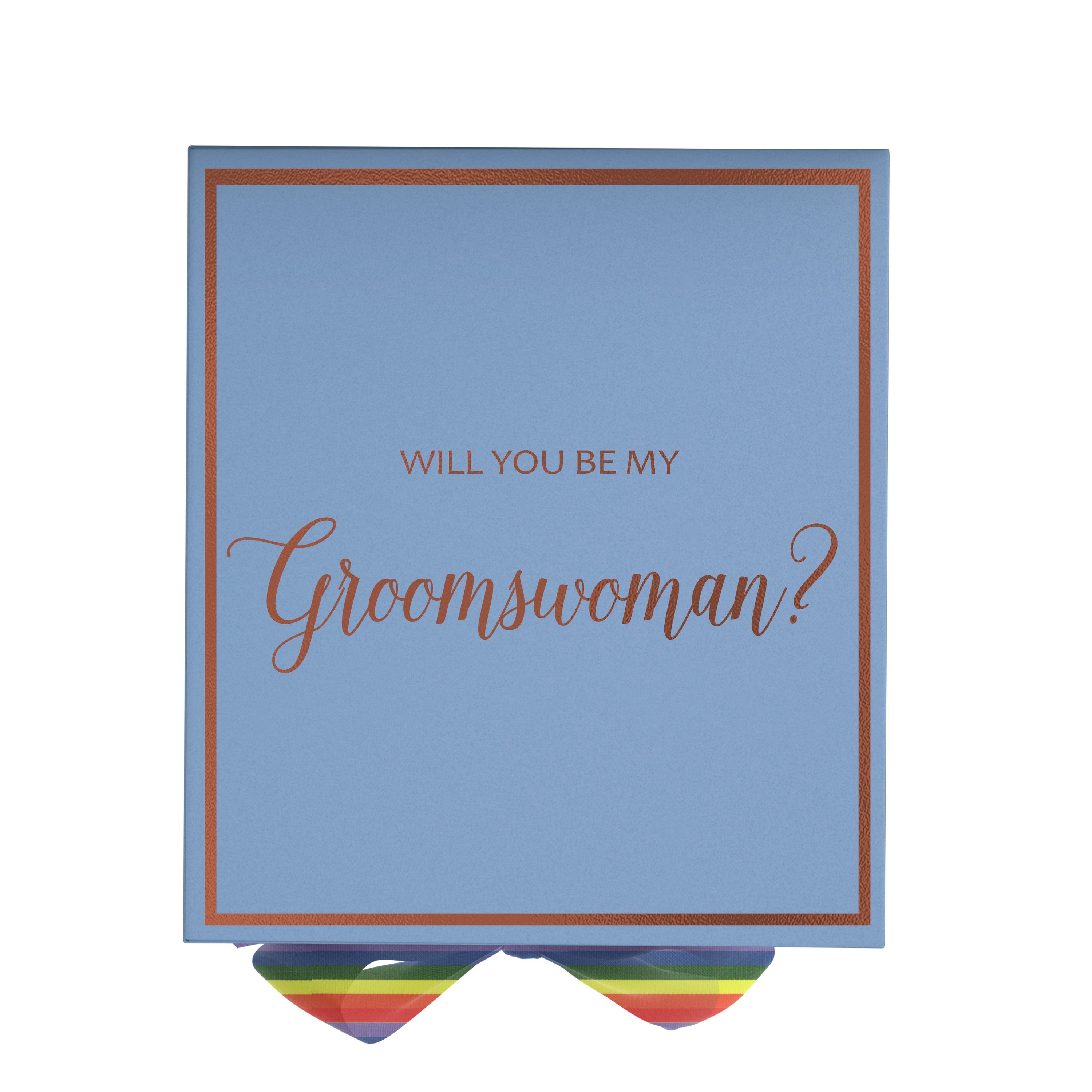 Light blue proposal box with metallic writing and rainbow bow, perfect for asking a groomswoman.