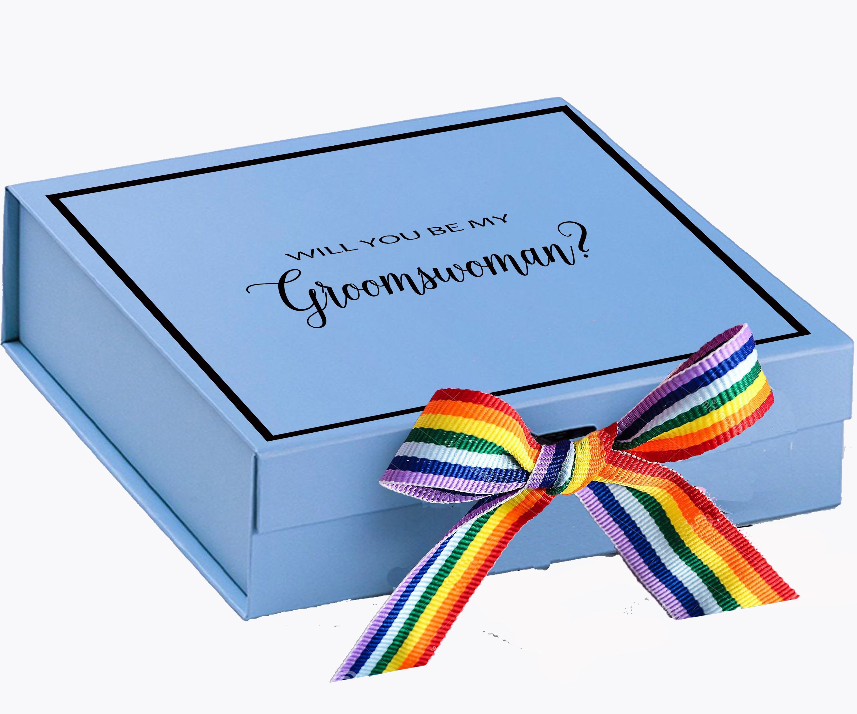 Light blue proposal box with metallic writing and rainbow bow, perfect for asking a groomswoman.