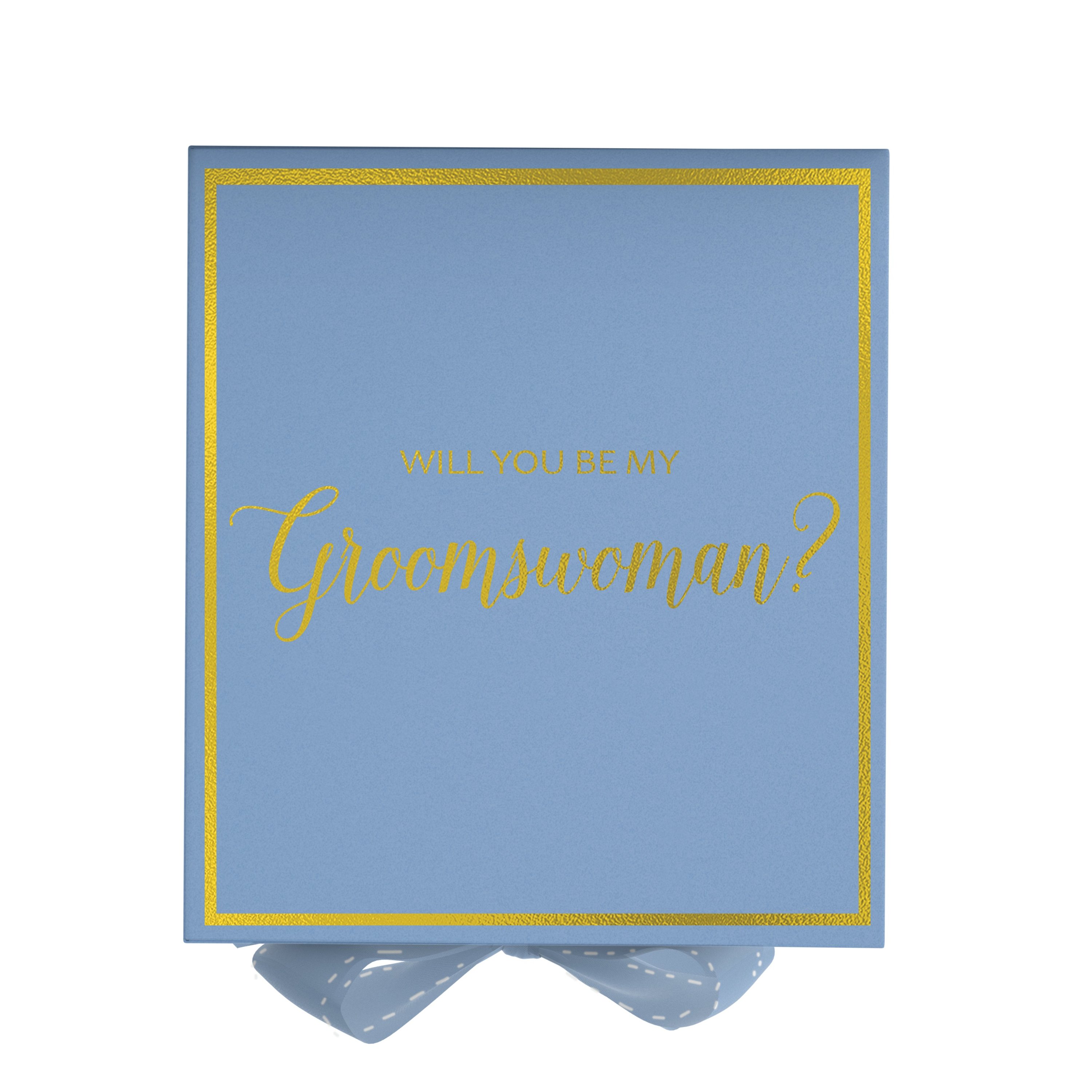 Light blue groomswoman proposal box with metallic writing and a matching bow, showcasing its elegant design.