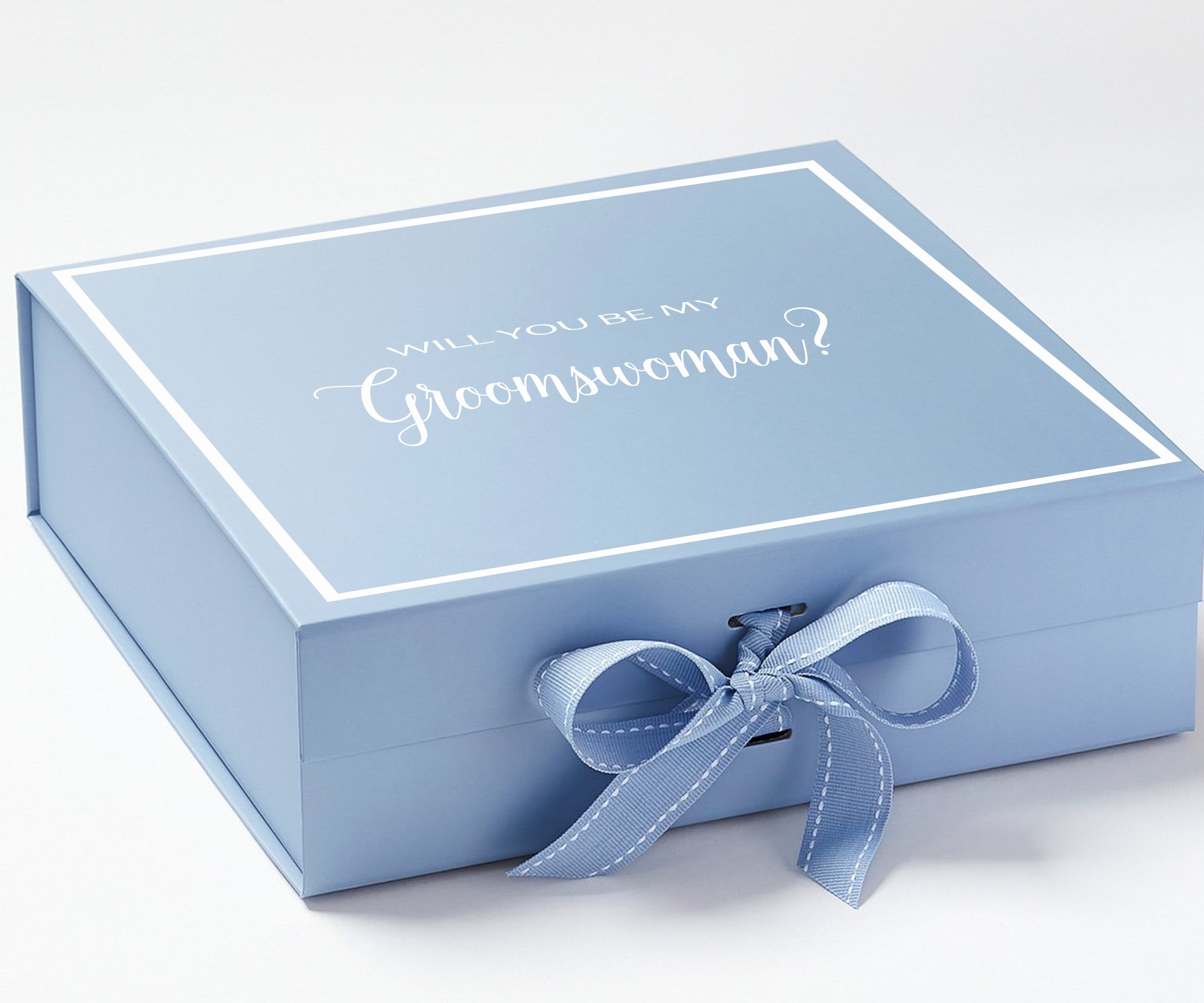 Light blue groomswoman proposal box with metallic writing and a matching bow, showcasing its elegant design.