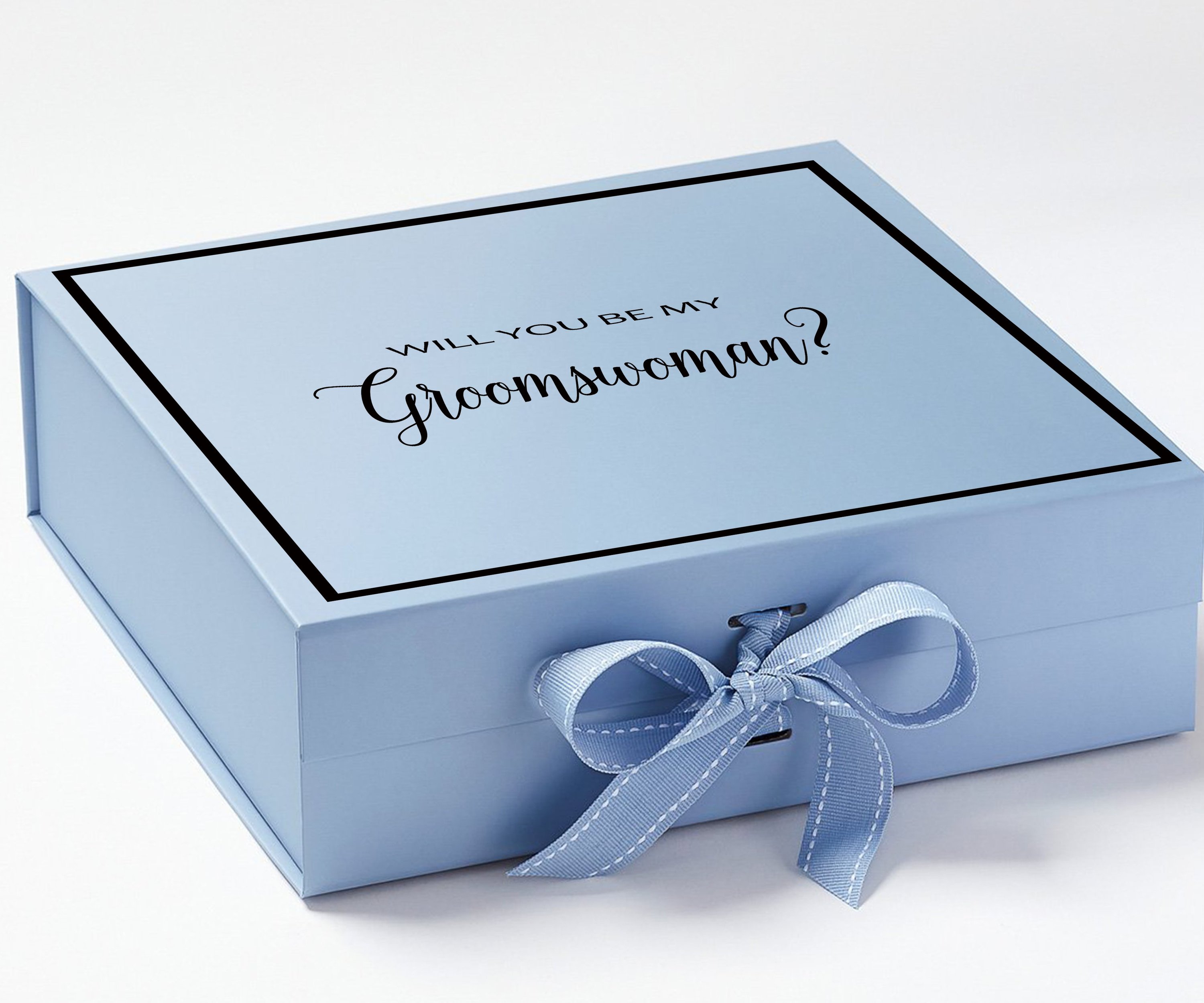 Light blue groomswoman proposal box with metallic writing and a matching bow, showcasing its elegant design.