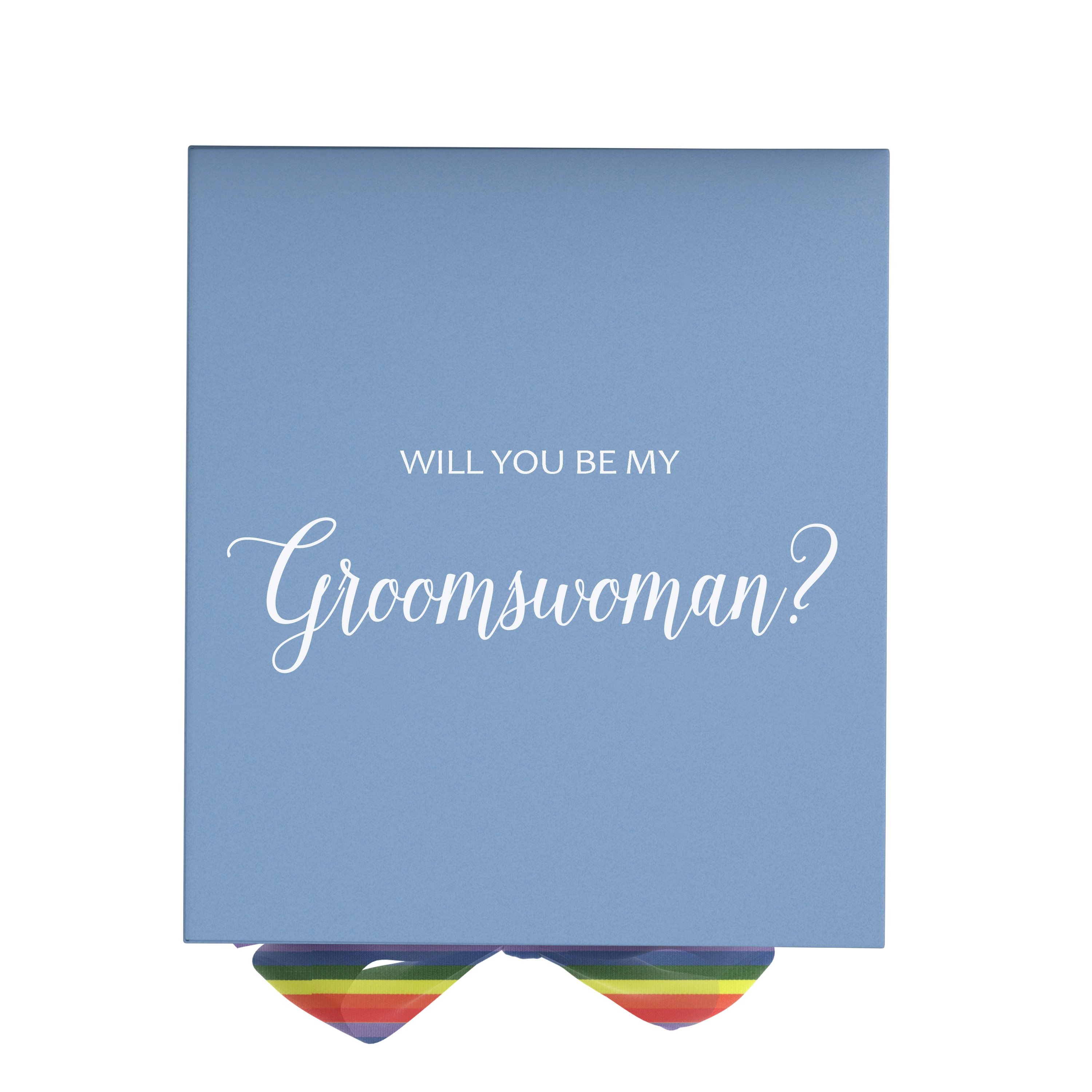 Light blue proposal box with metallic writing and rainbow bow, showcasing elegant design and quality construction.