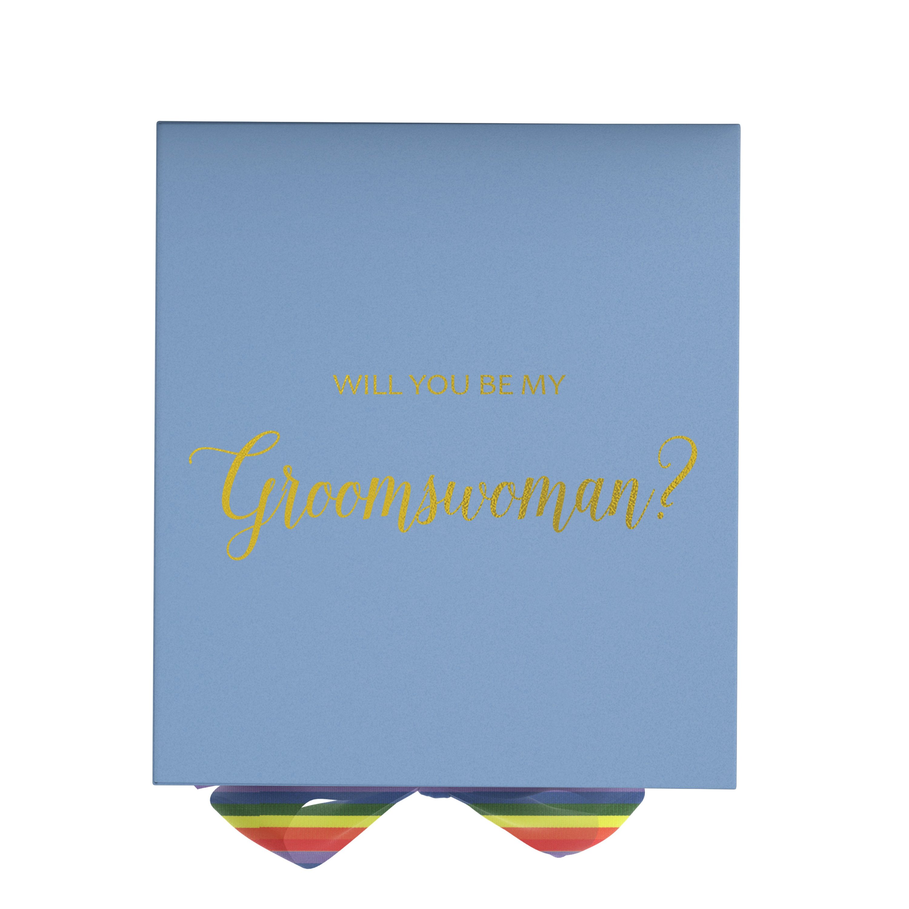 Light blue proposal box with metallic writing and rainbow bow, showcasing elegant design and quality construction.