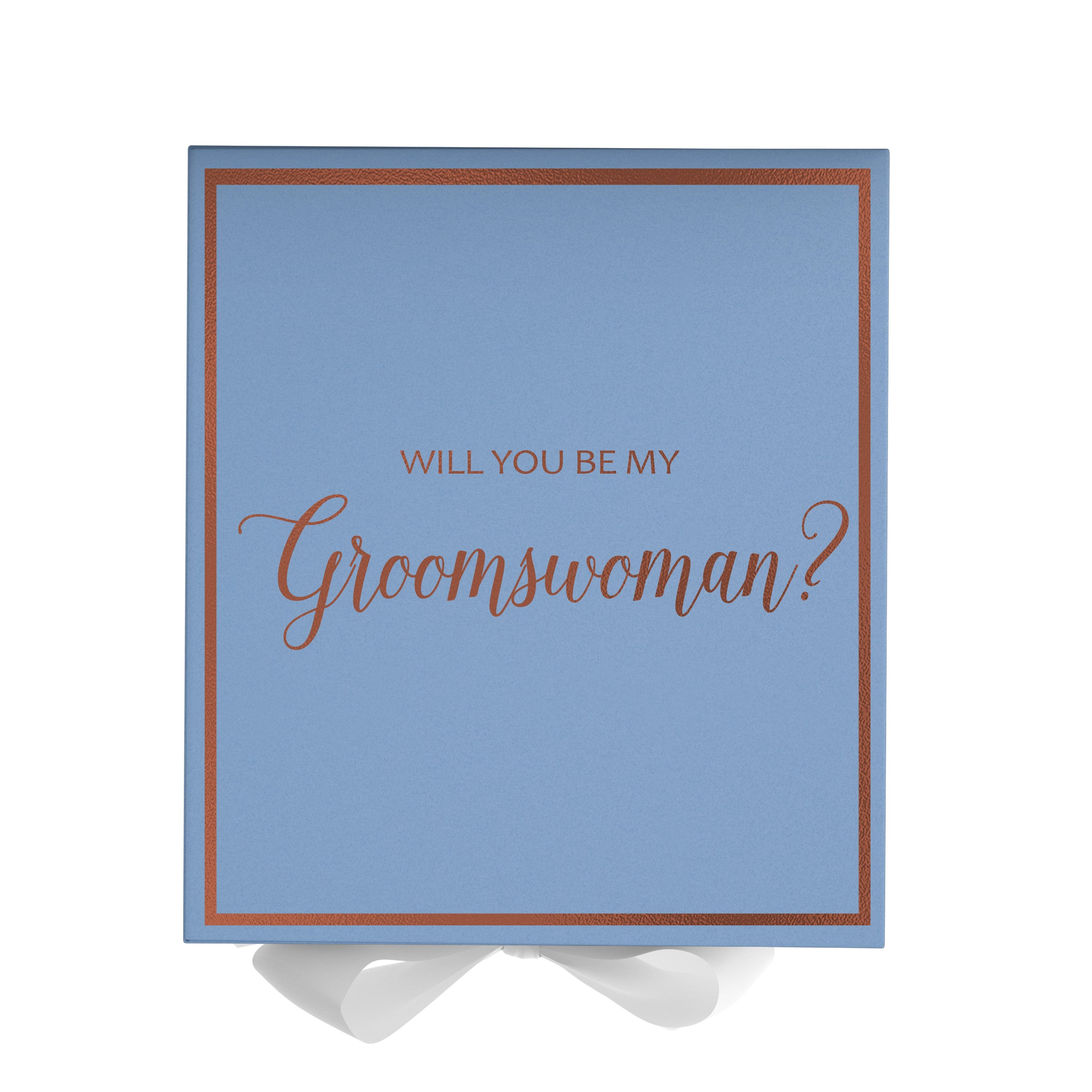 Light blue proposal box with white bow and metallic writing, perfect for asking a groomswoman.