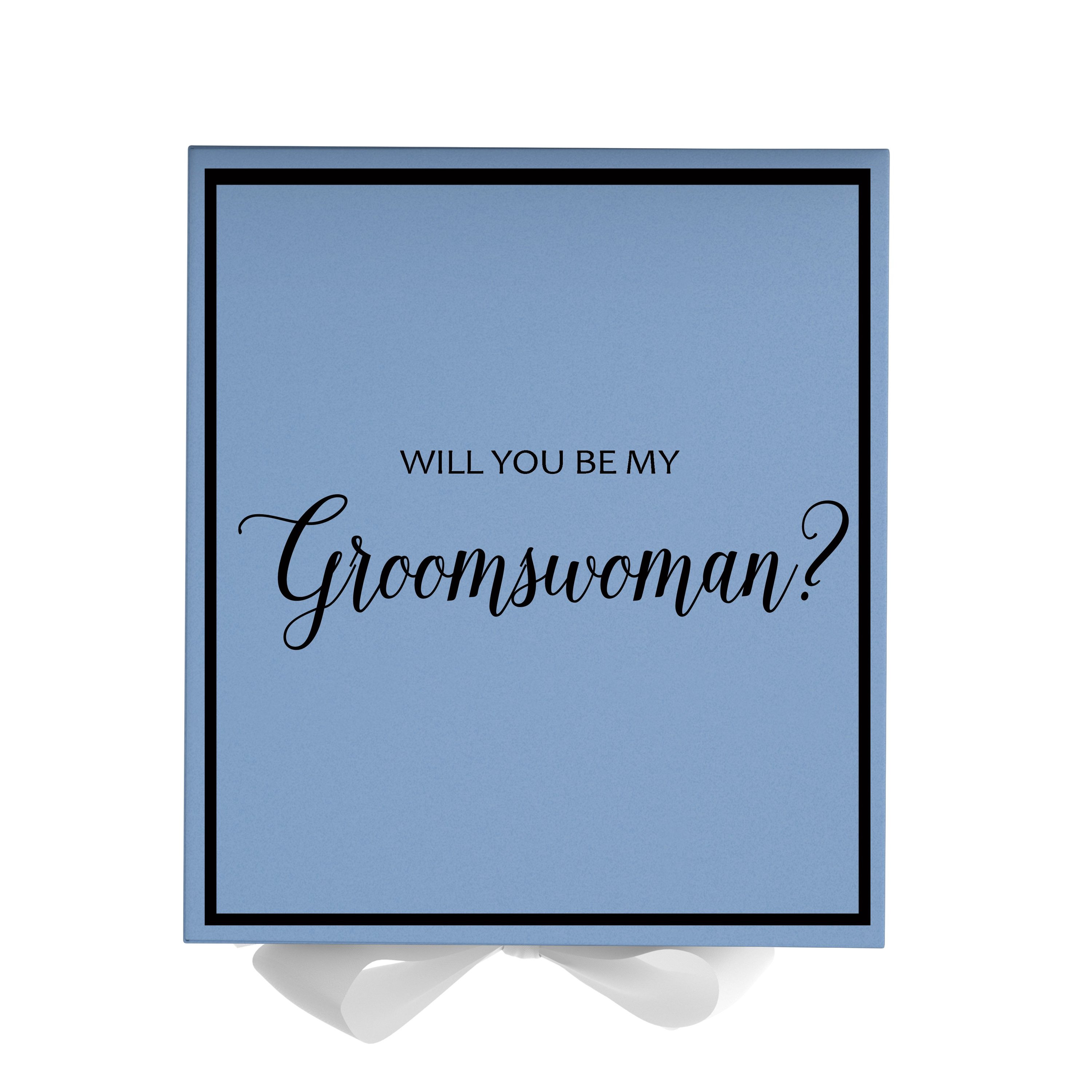 Light blue proposal box with white bow and metallic writing, perfect for asking a groomswoman.