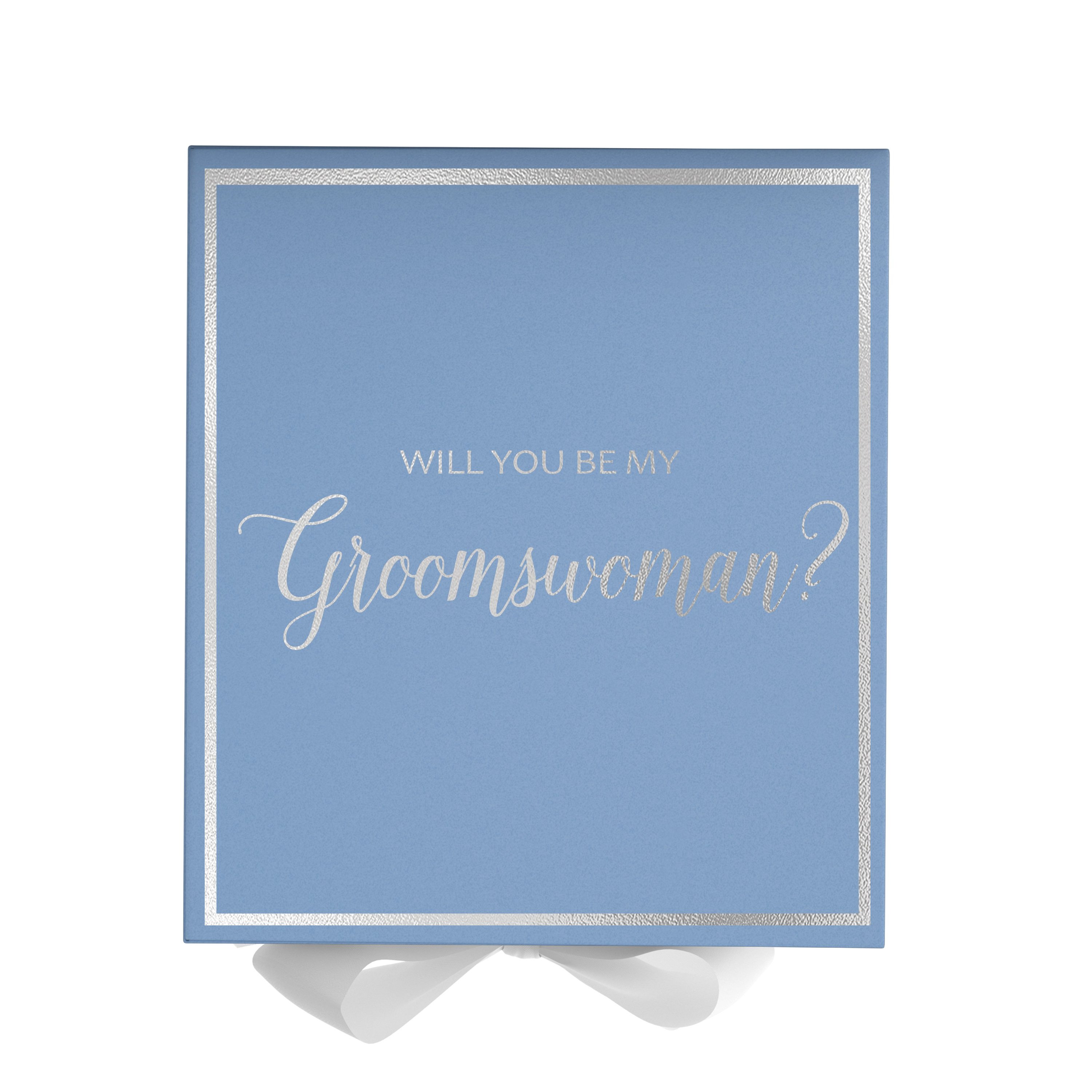 Light blue proposal box with white bow and metallic writing, perfect for asking a groomswoman.