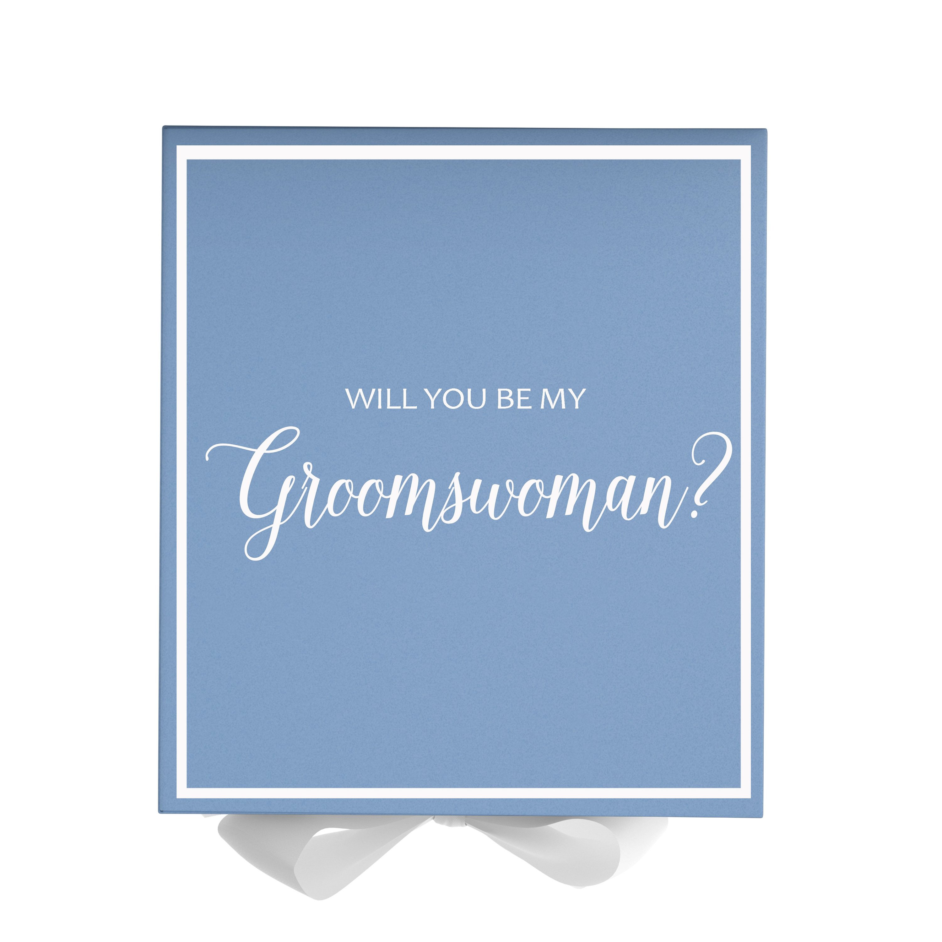 Light blue proposal box with white bow and metallic writing, perfect for asking a groomswoman.