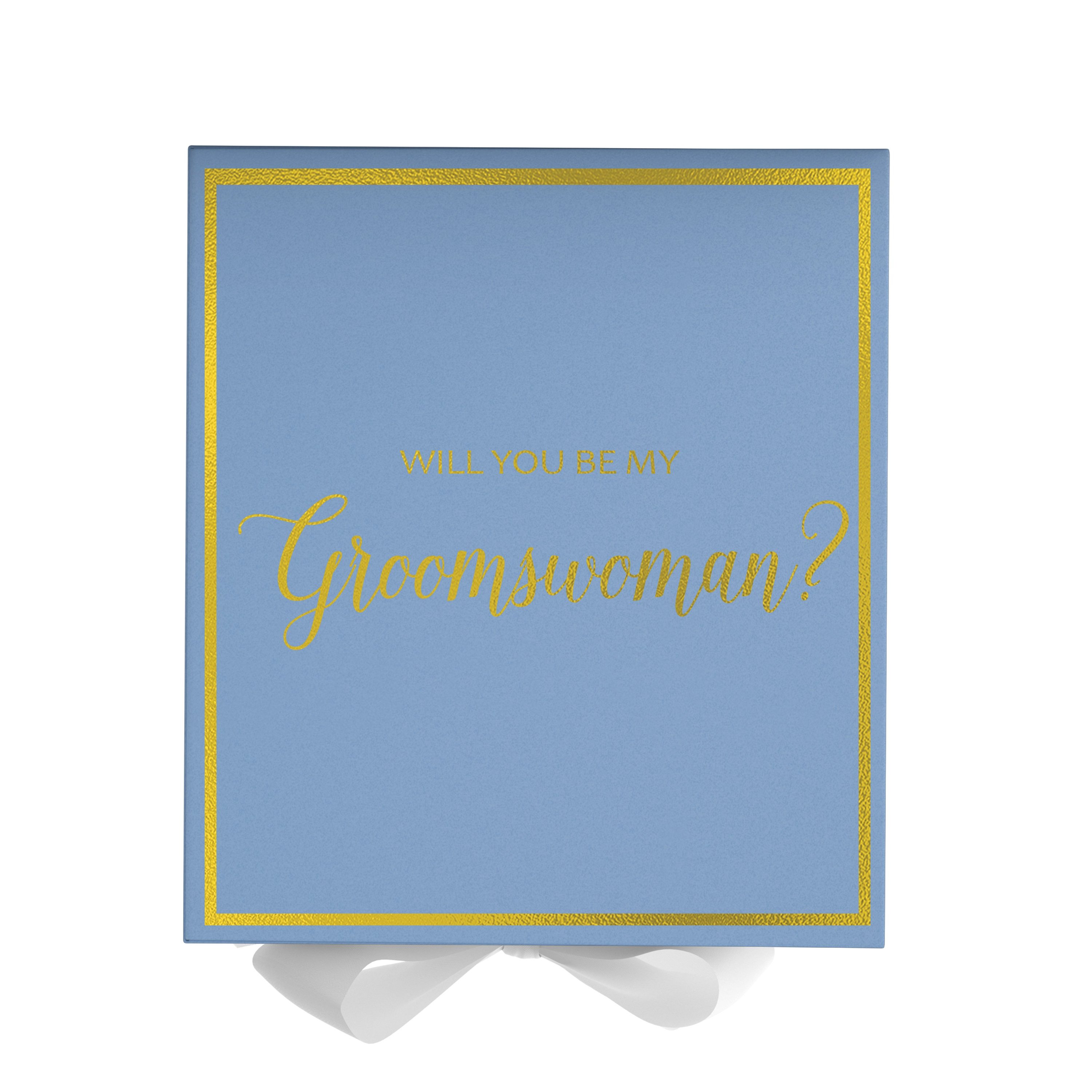 Light blue proposal box with white bow and metallic writing, perfect for asking a groomswoman.