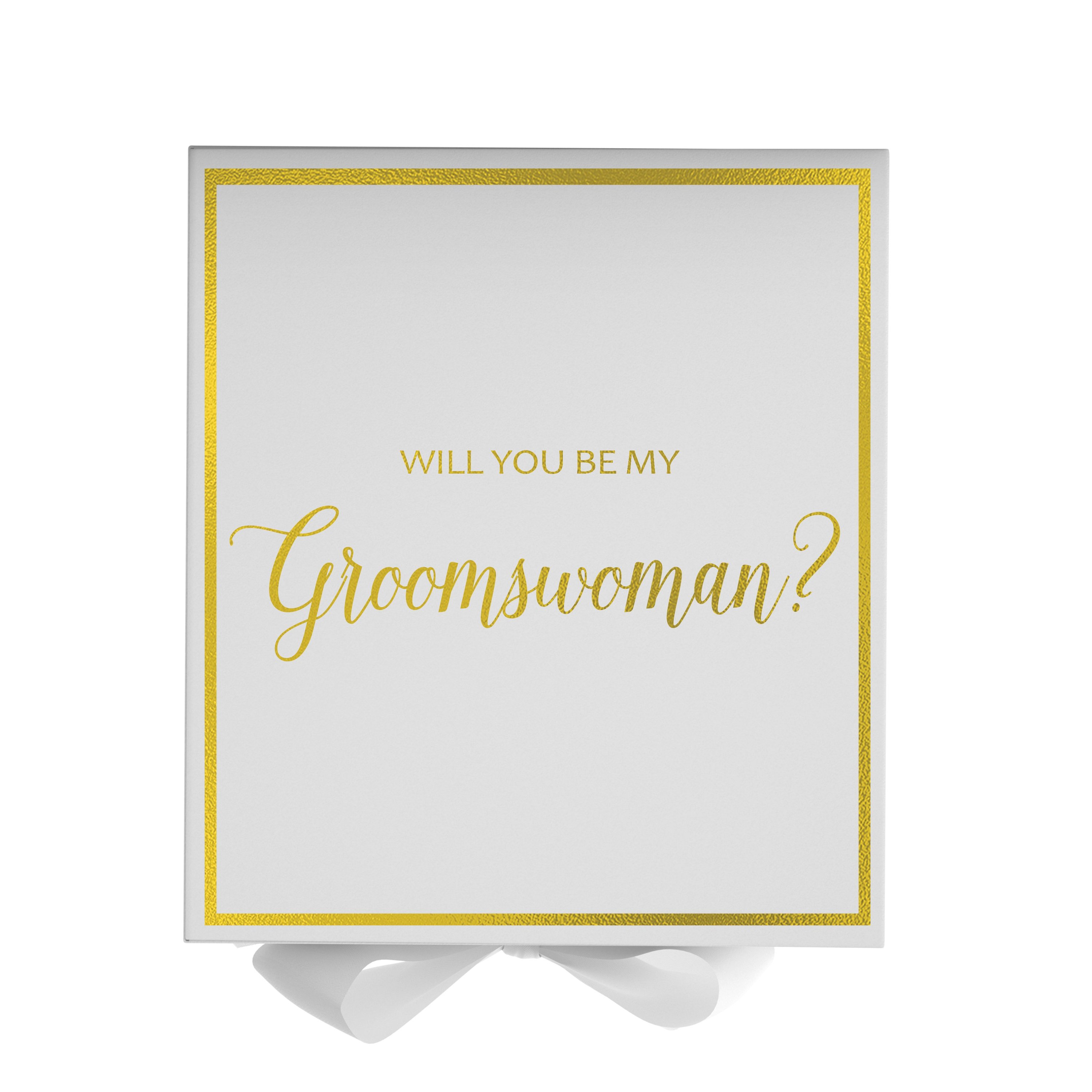 Elegant white proposal box with metallic writing and a white bow, perfect for asking your groomswoman.