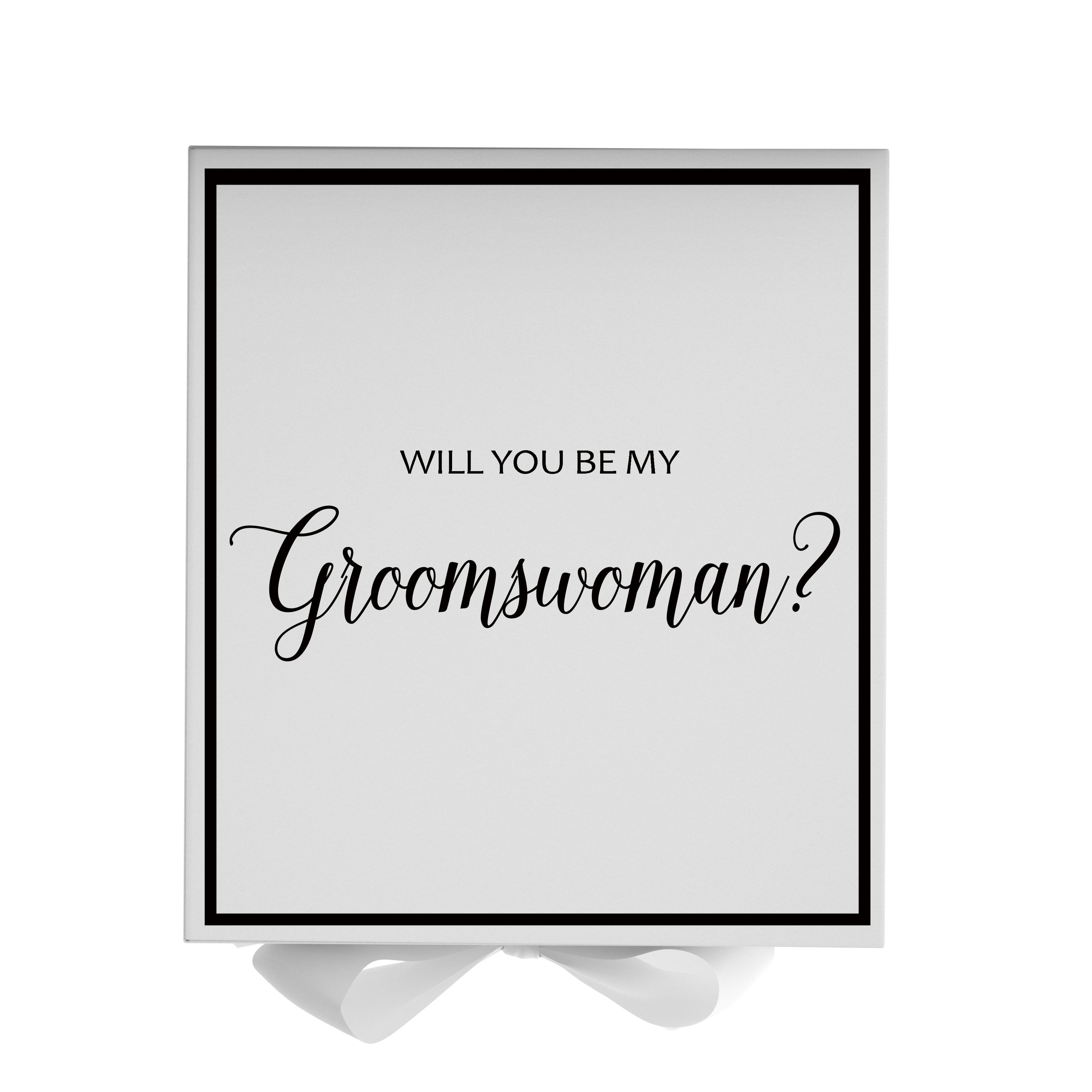 Elegant white proposal box with metallic writing and a white bow, perfect for asking your groomswoman.