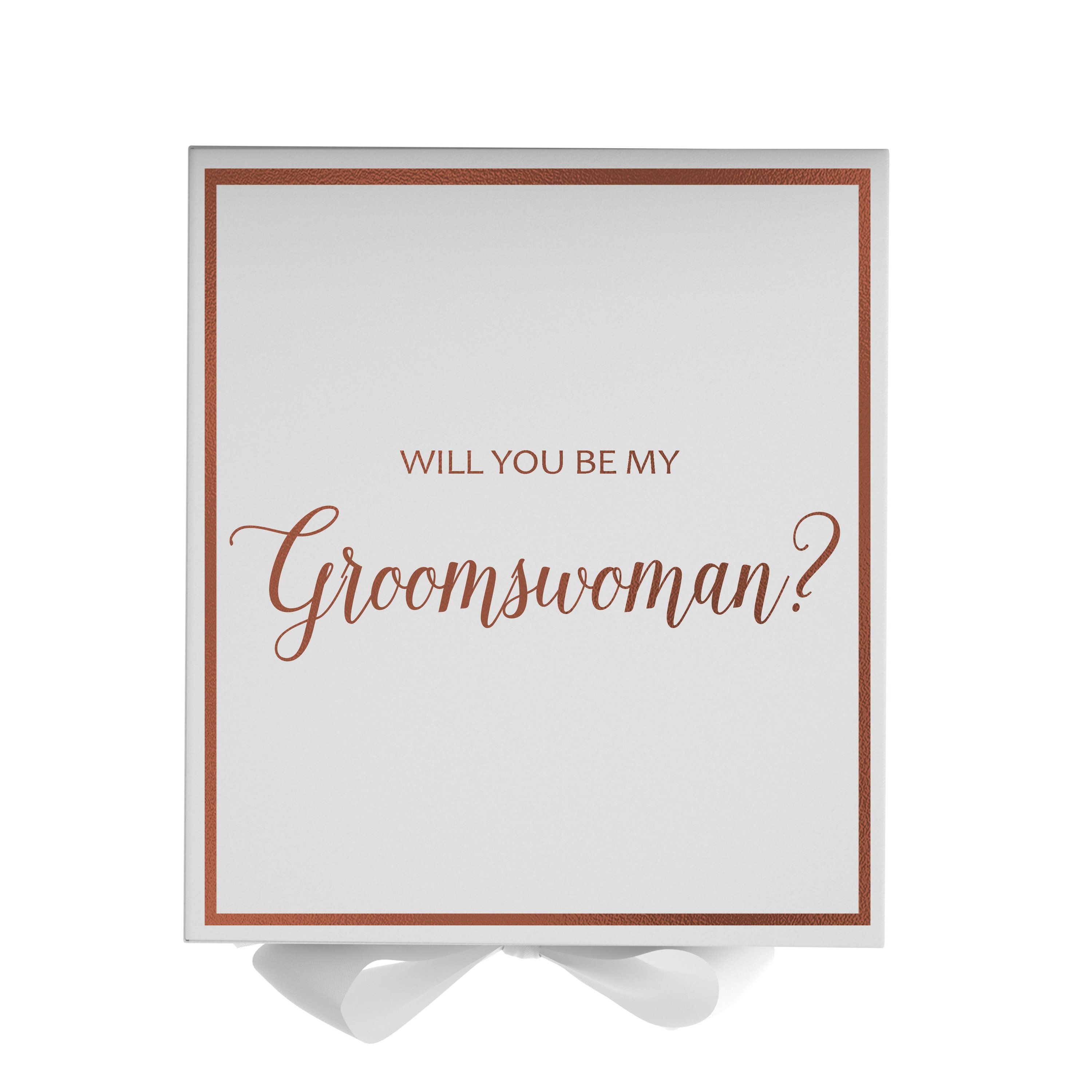 Elegant white proposal box with metallic writing and a white bow, perfect for asking your groomswoman.