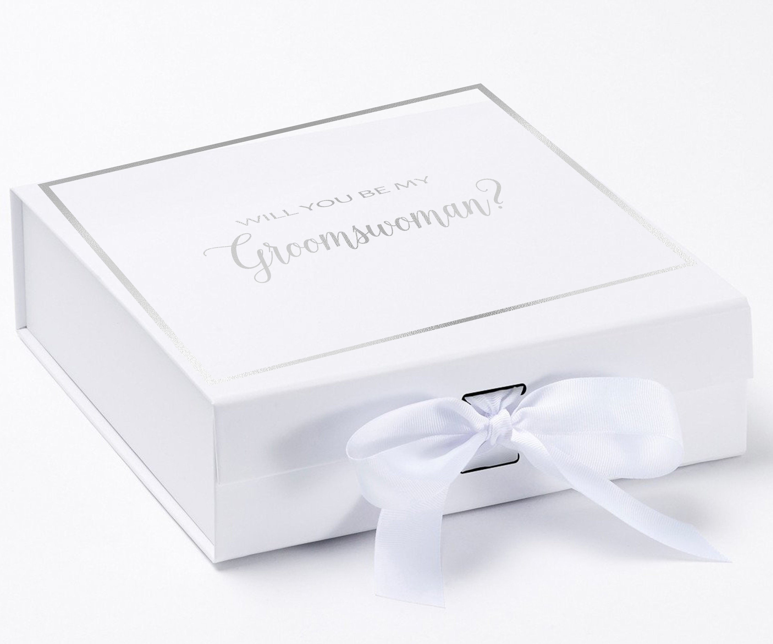 Elegant white proposal box with metallic writing and a white bow, perfect for asking your groomswoman.