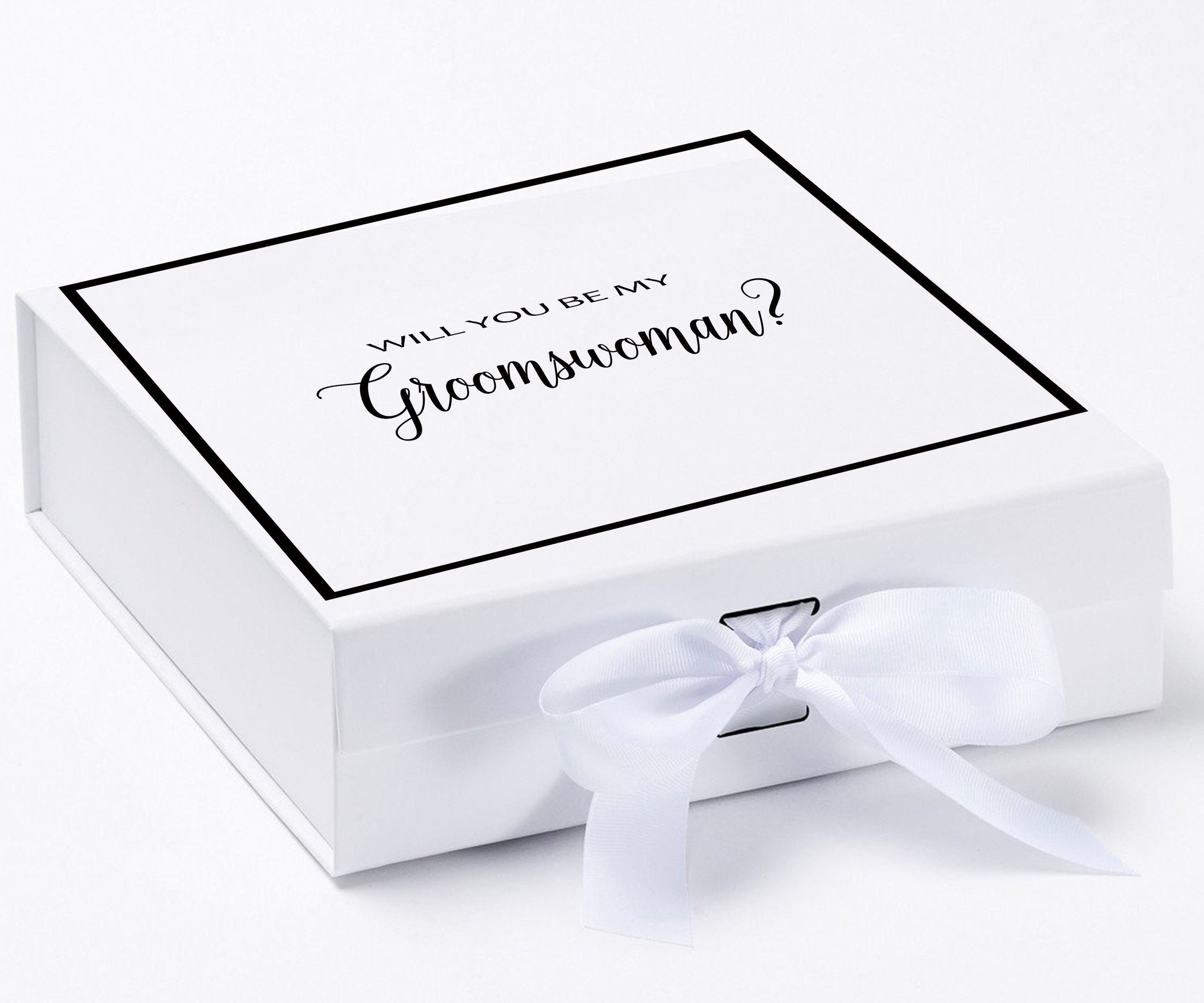 Elegant white proposal box with metallic writing and a white bow, perfect for asking your groomswoman.