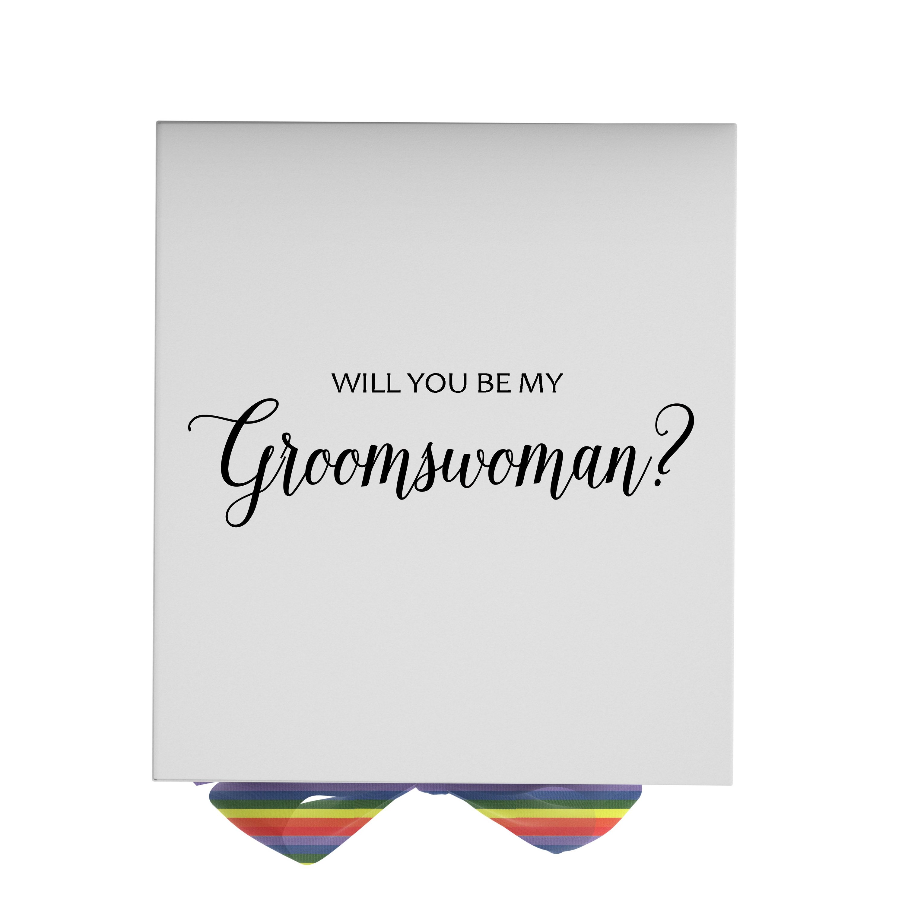 Elegant white proposal box with metallic writing and rainbow bow, perfect for asking a groomswoman.