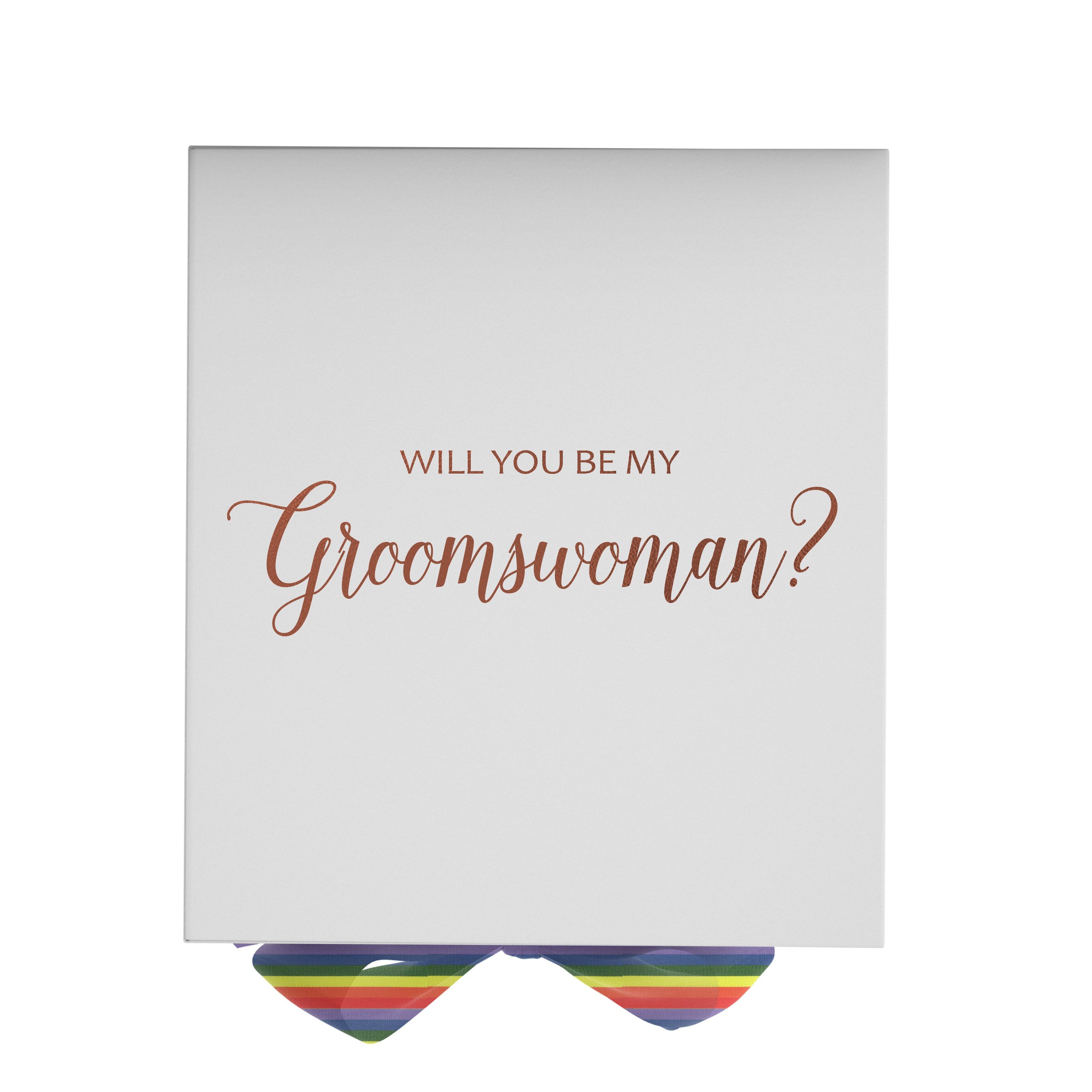 Elegant white proposal box with metallic writing and rainbow bow, perfect for asking a groomswoman.