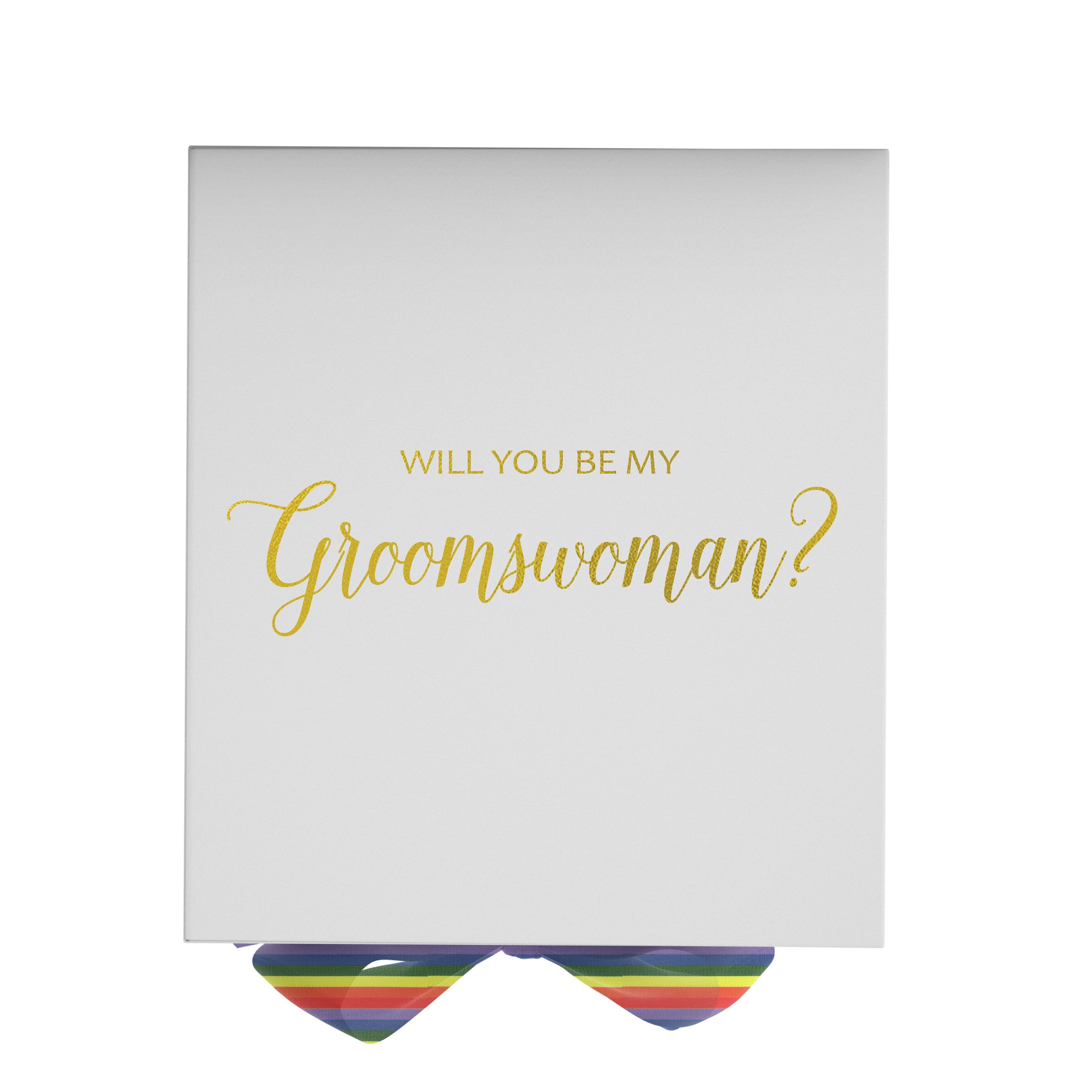 Elegant white proposal box with metallic writing and rainbow bow, perfect for asking a groomswoman.