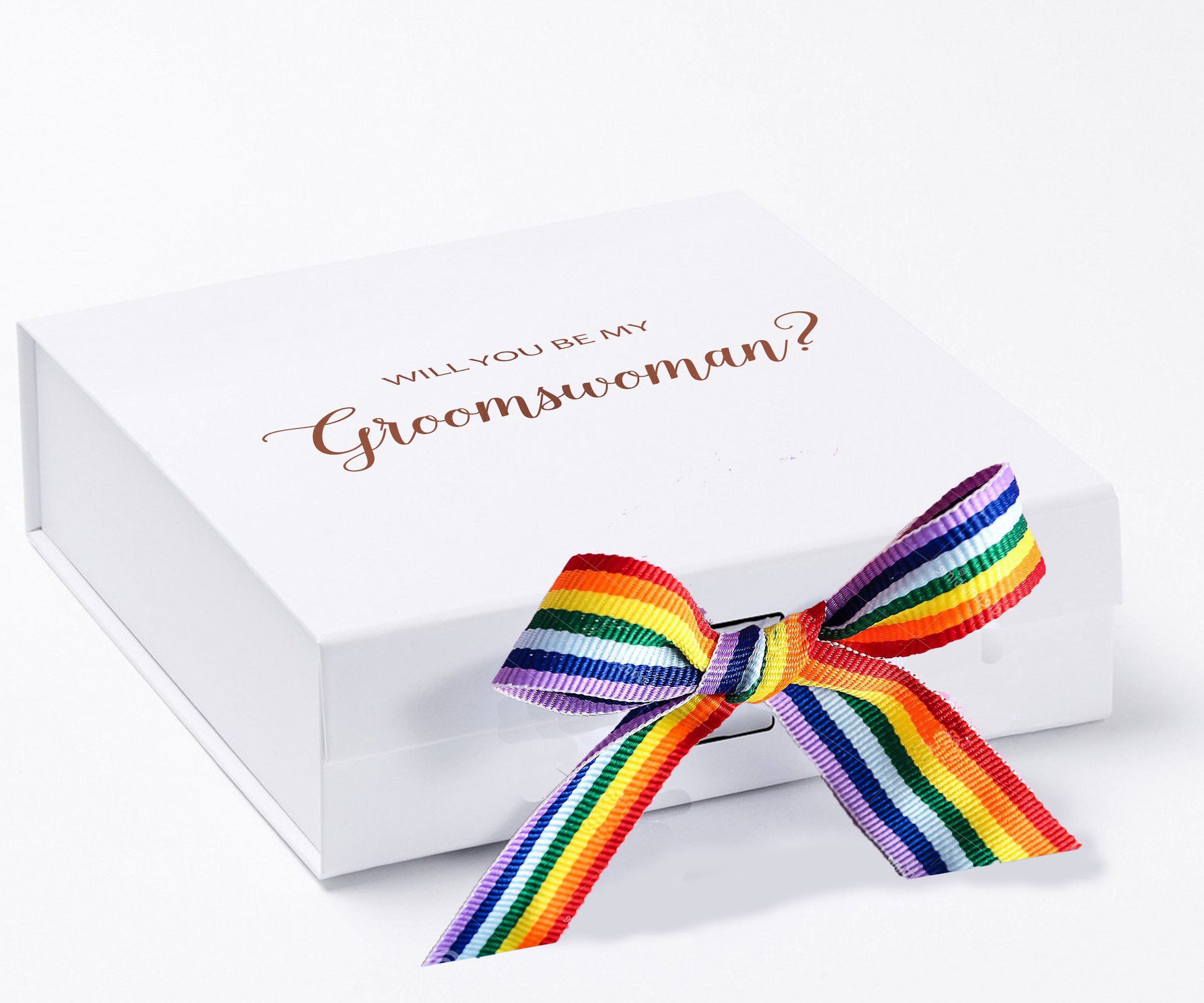 Elegant white proposal box with metallic writing and rainbow bow, perfect for asking a groomswoman.