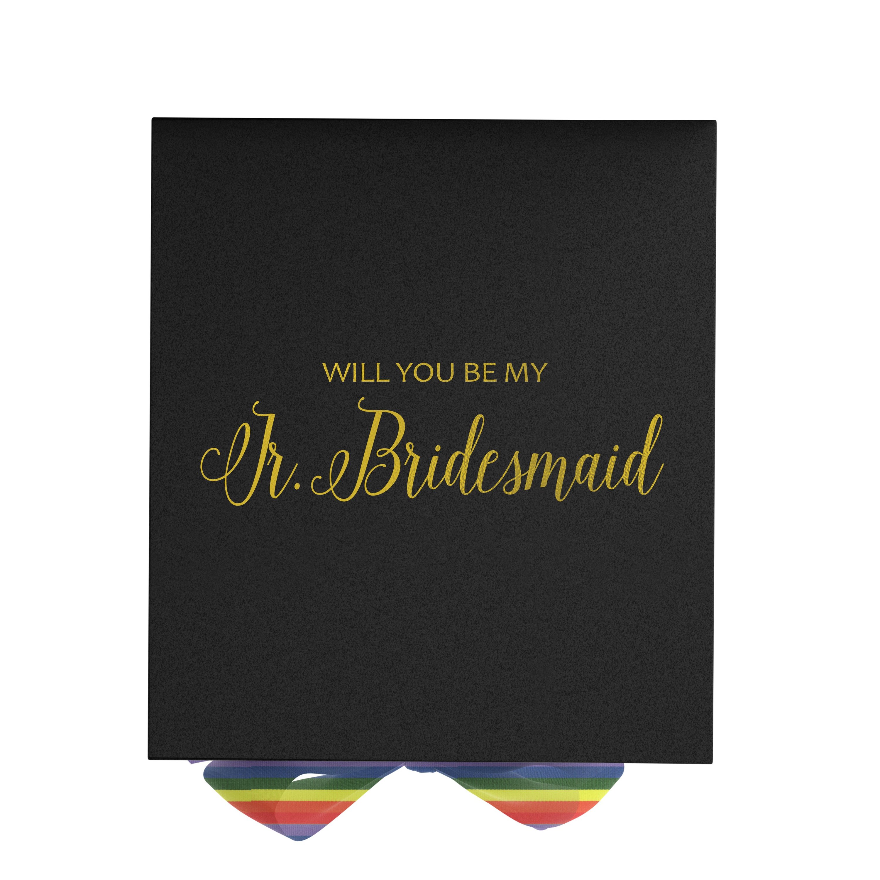 Elegant black proposal box with metallic writing and rainbow bow, perfect for Jr Bridesmaid proposals.