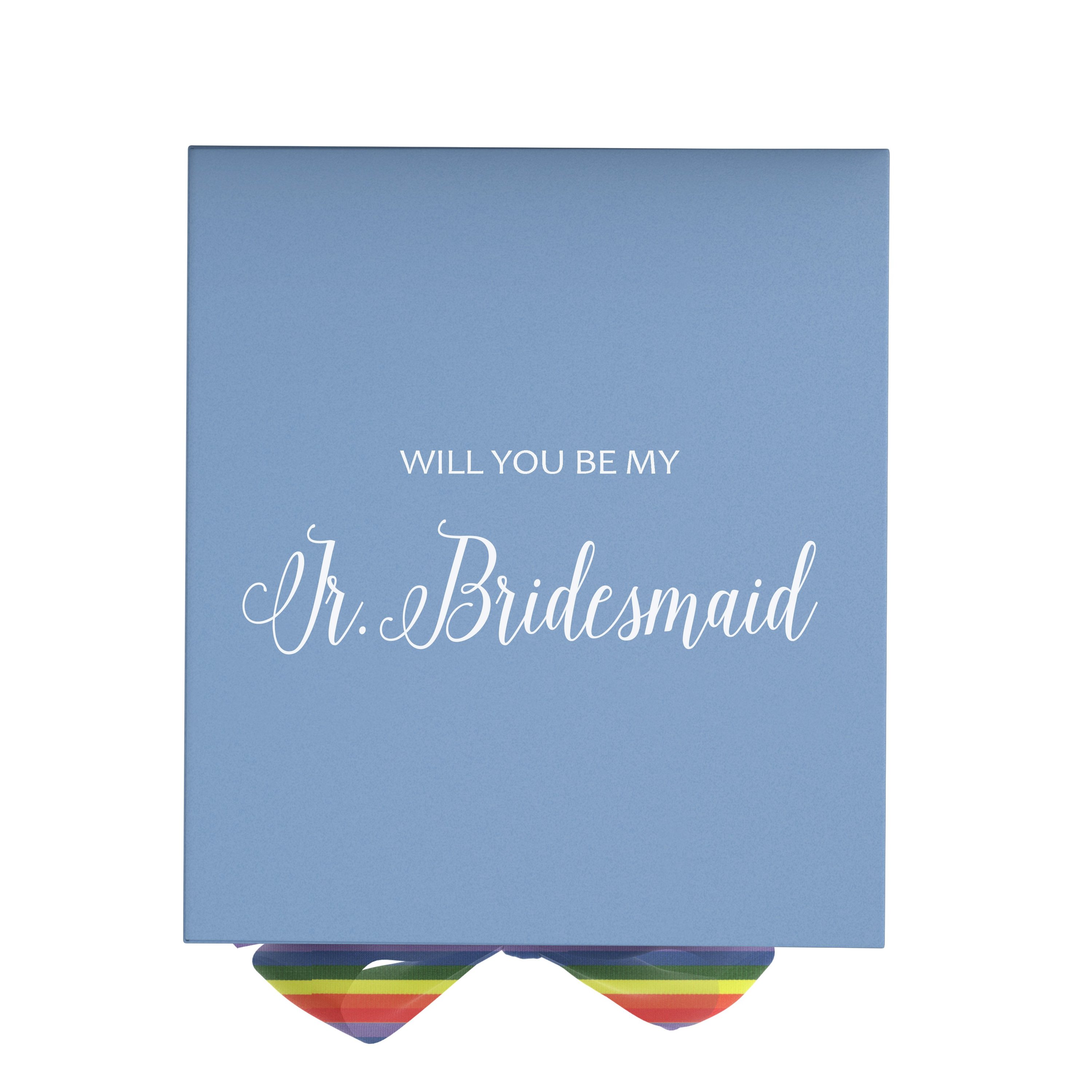 Light blue Jr Bridesmaid proposal box with metallic writing and rainbow bow, showcasing its elegant design.