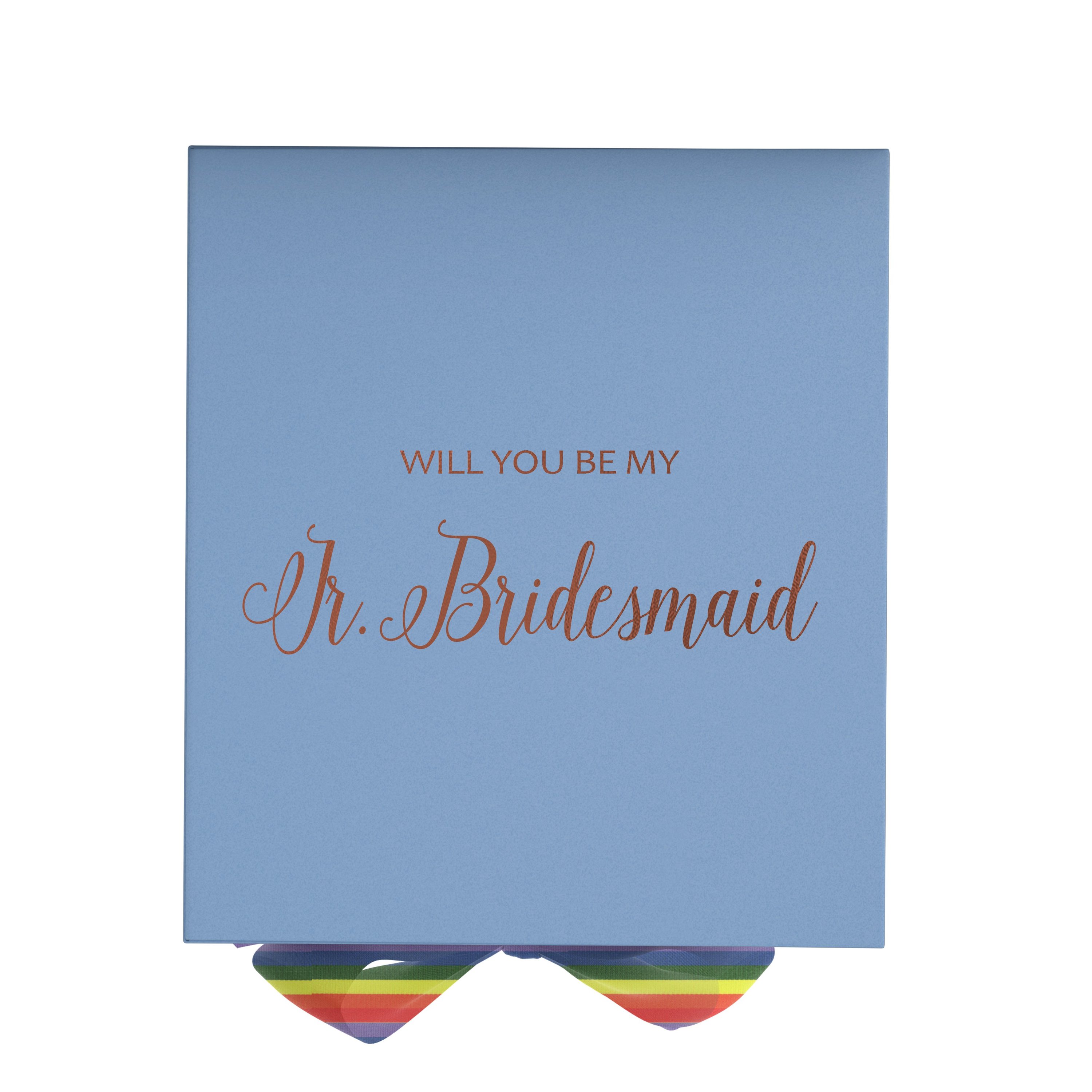 Light blue Jr Bridesmaid proposal box with metallic writing and rainbow bow, showcasing its elegant design.