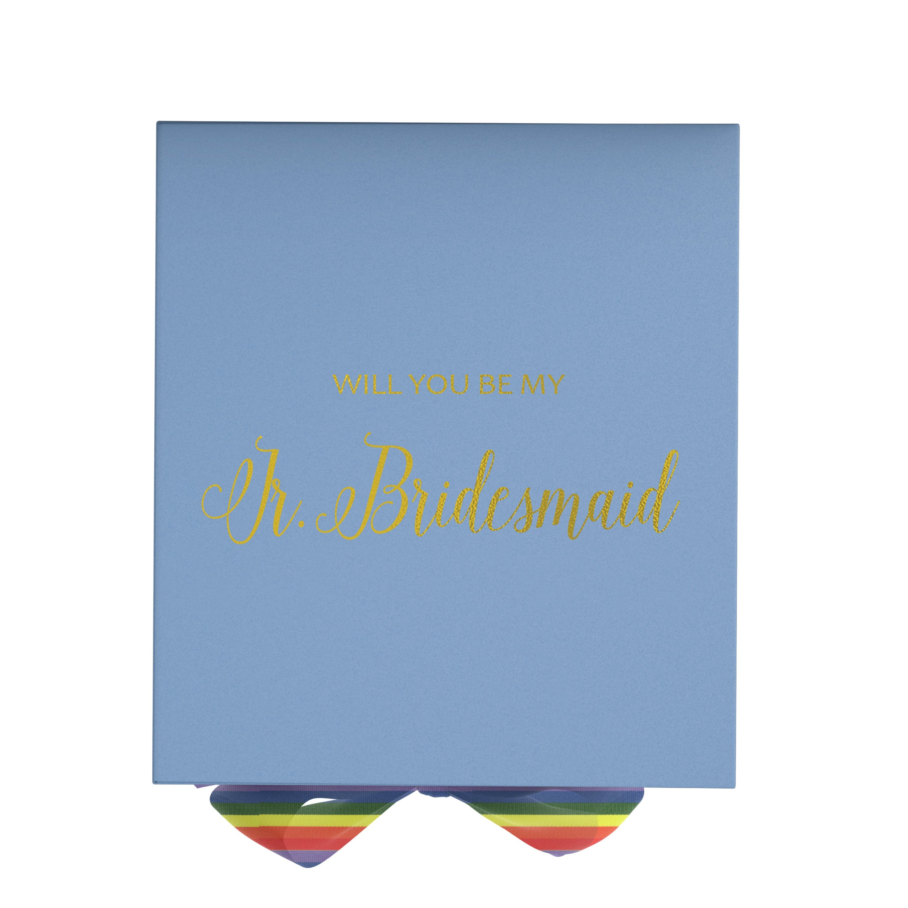 Light blue Jr Bridesmaid proposal box with metallic writing and rainbow bow, showcasing its elegant design.