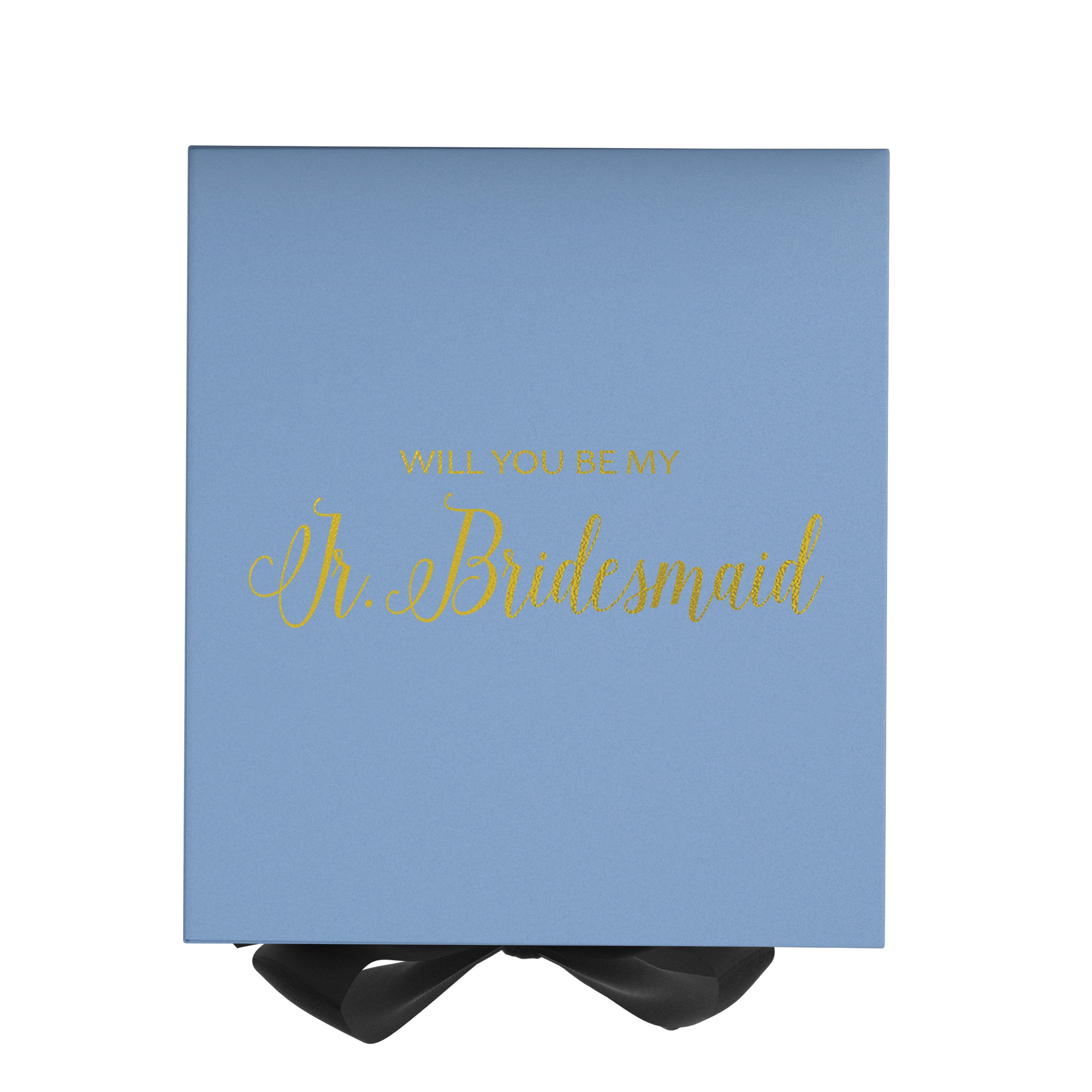 Light blue proposal box with black bow and metallic writing, perfect for asking a junior bridesmaid.