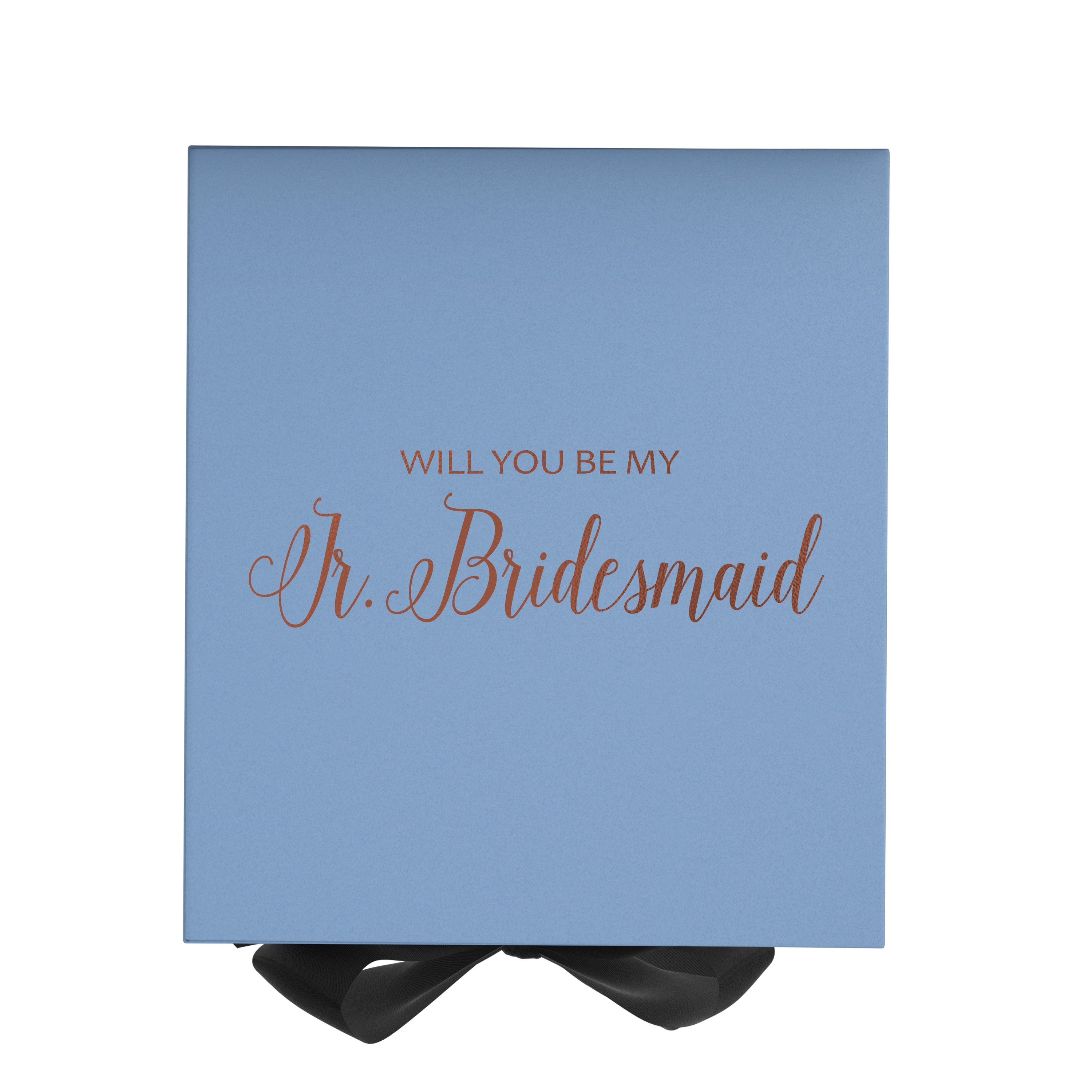 Light blue proposal box with black bow and metallic writing, perfect for asking a junior bridesmaid.