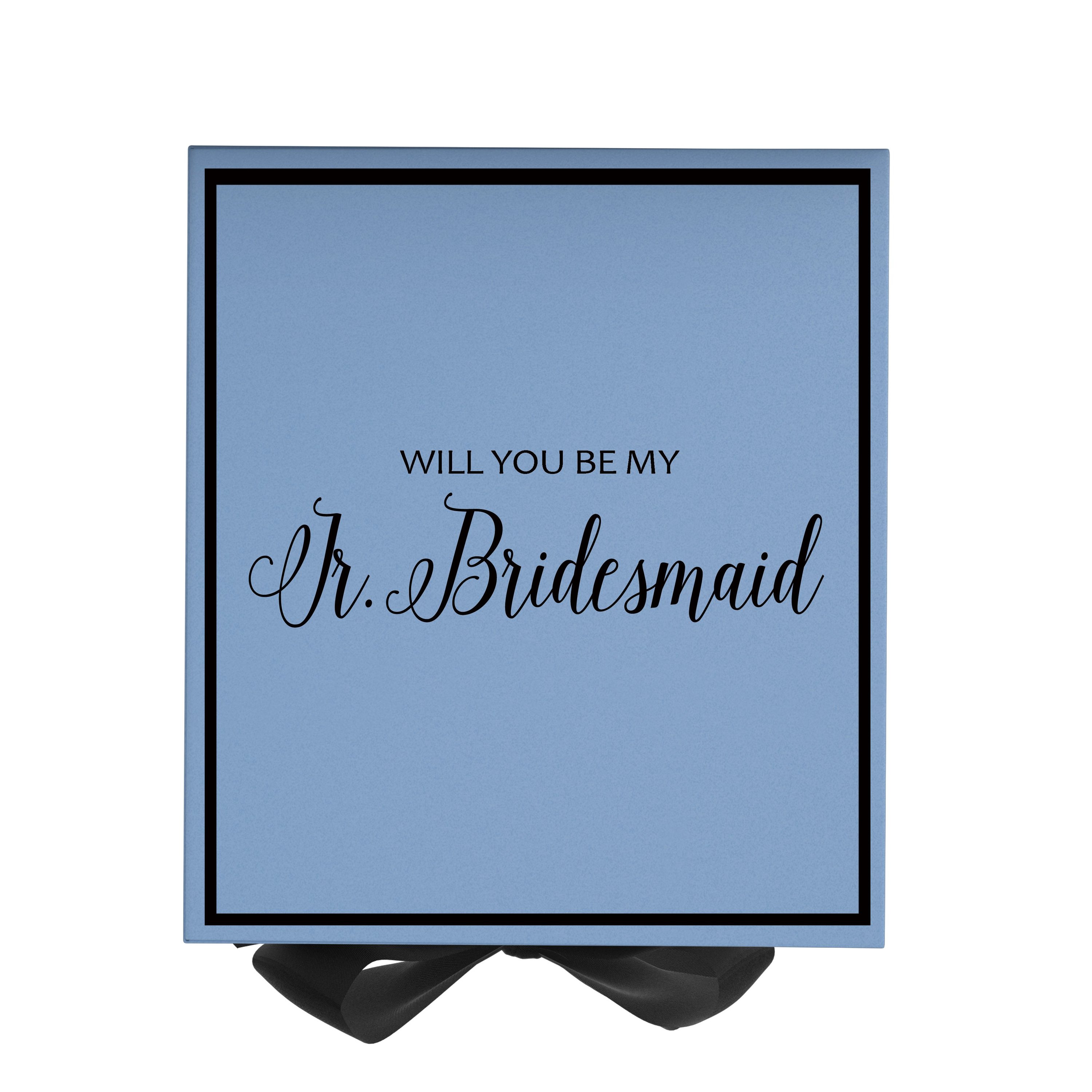 Light blue proposal box with black bow and metallic writing, perfect for asking a junior bridesmaid.