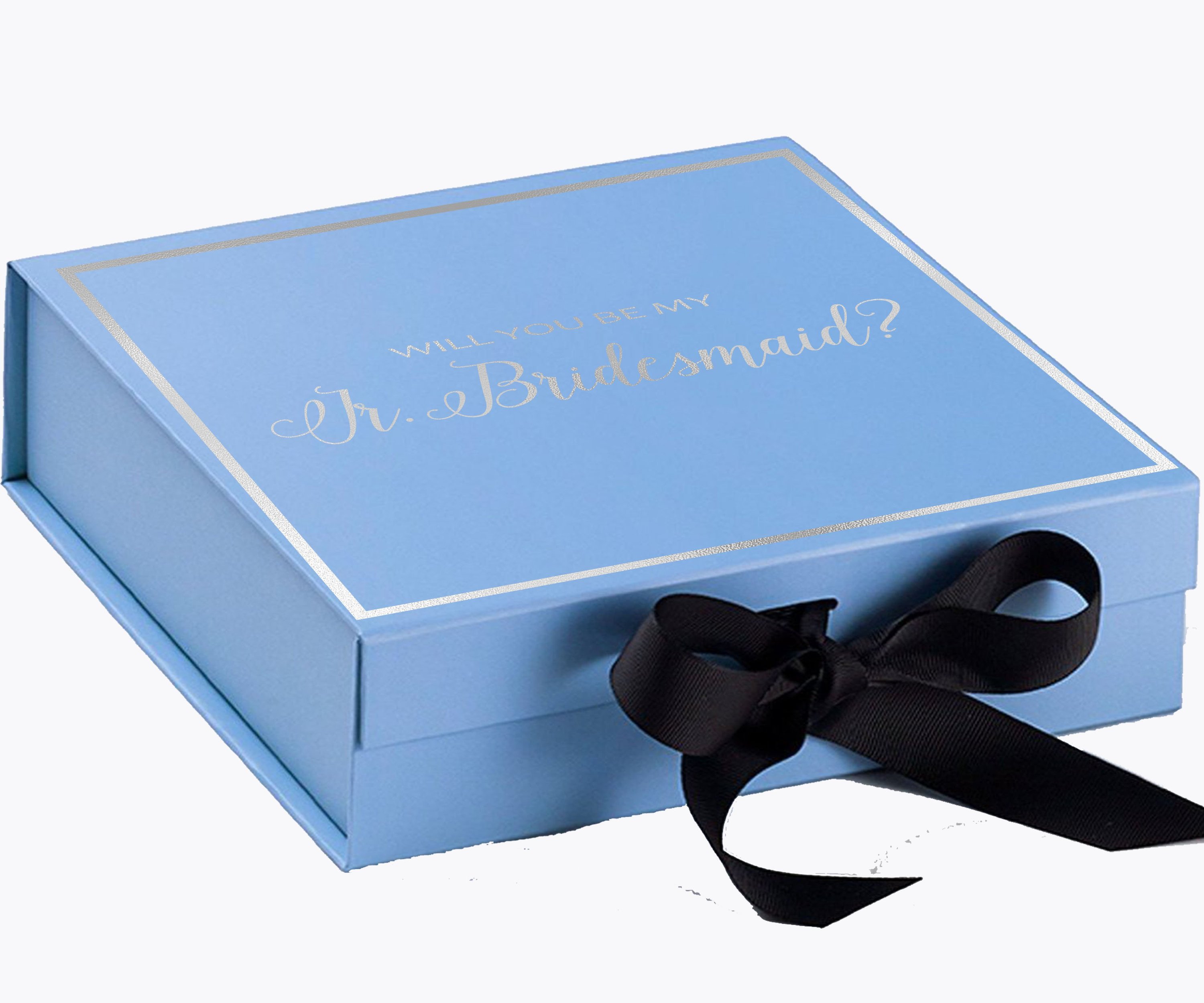 Light blue proposal box with black bow and metallic writing, perfect for asking a junior bridesmaid.
