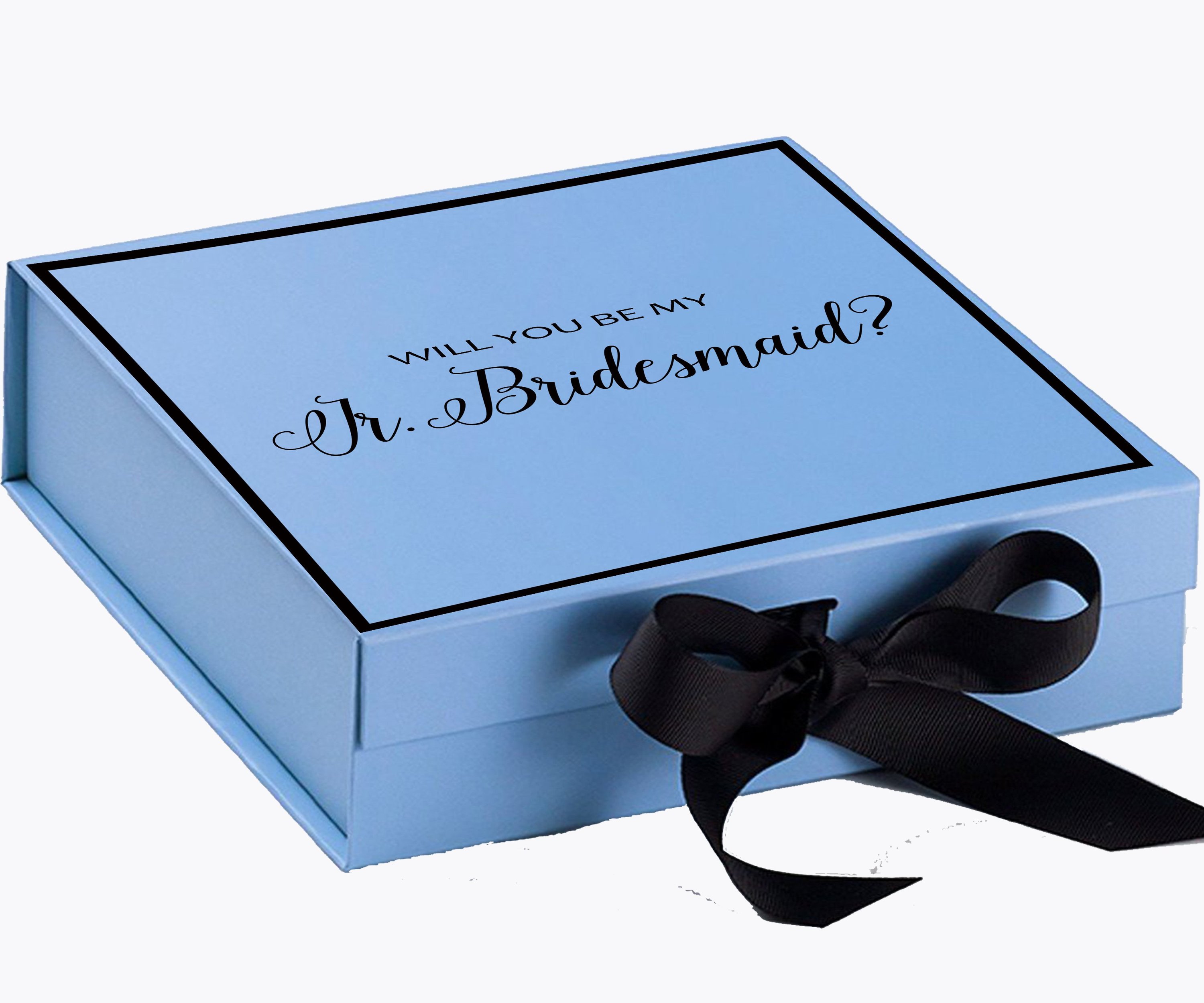 Light blue proposal box with black bow and metallic writing, perfect for asking a junior bridesmaid.