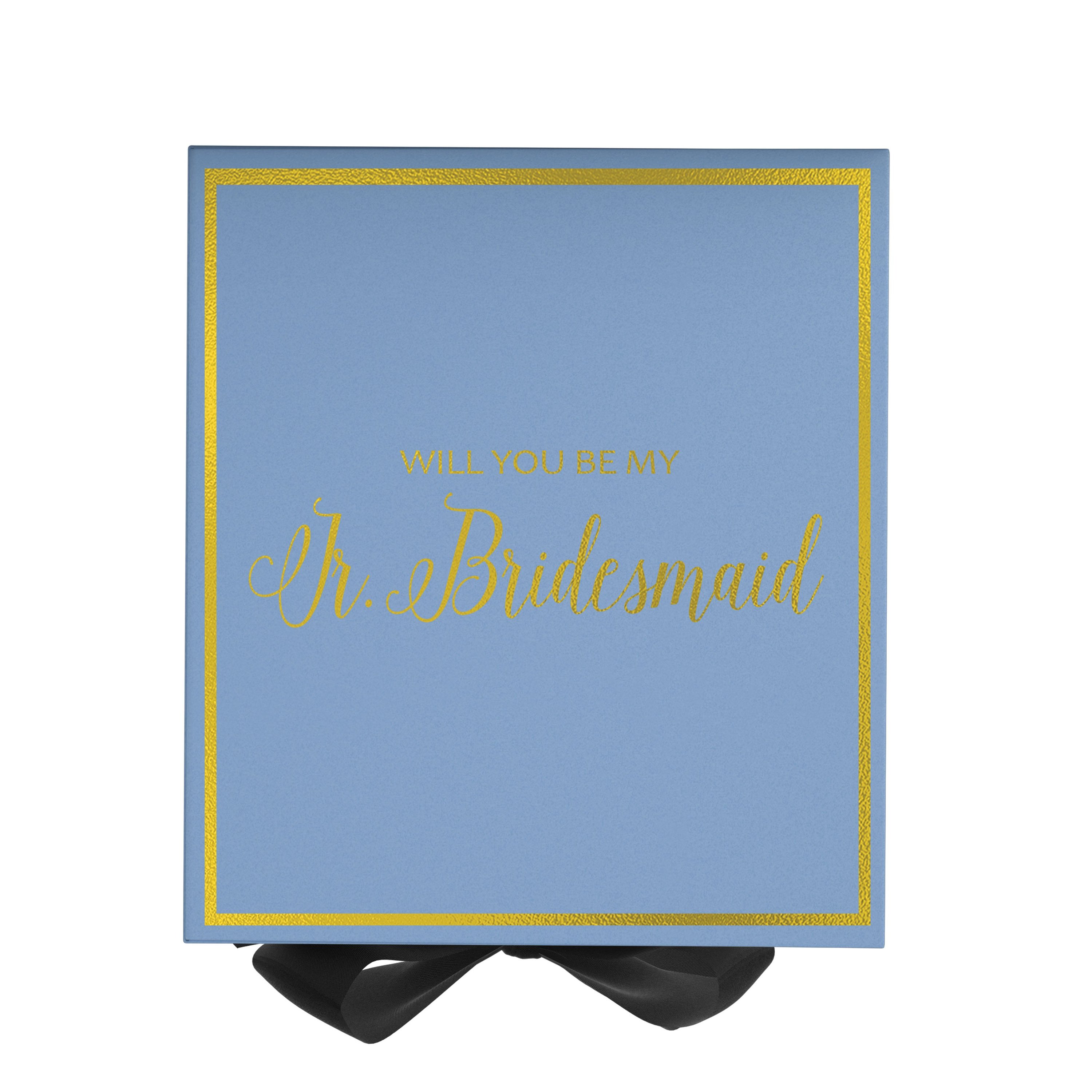 Light blue proposal box with black bow and metallic writing, perfect for asking a junior bridesmaid.