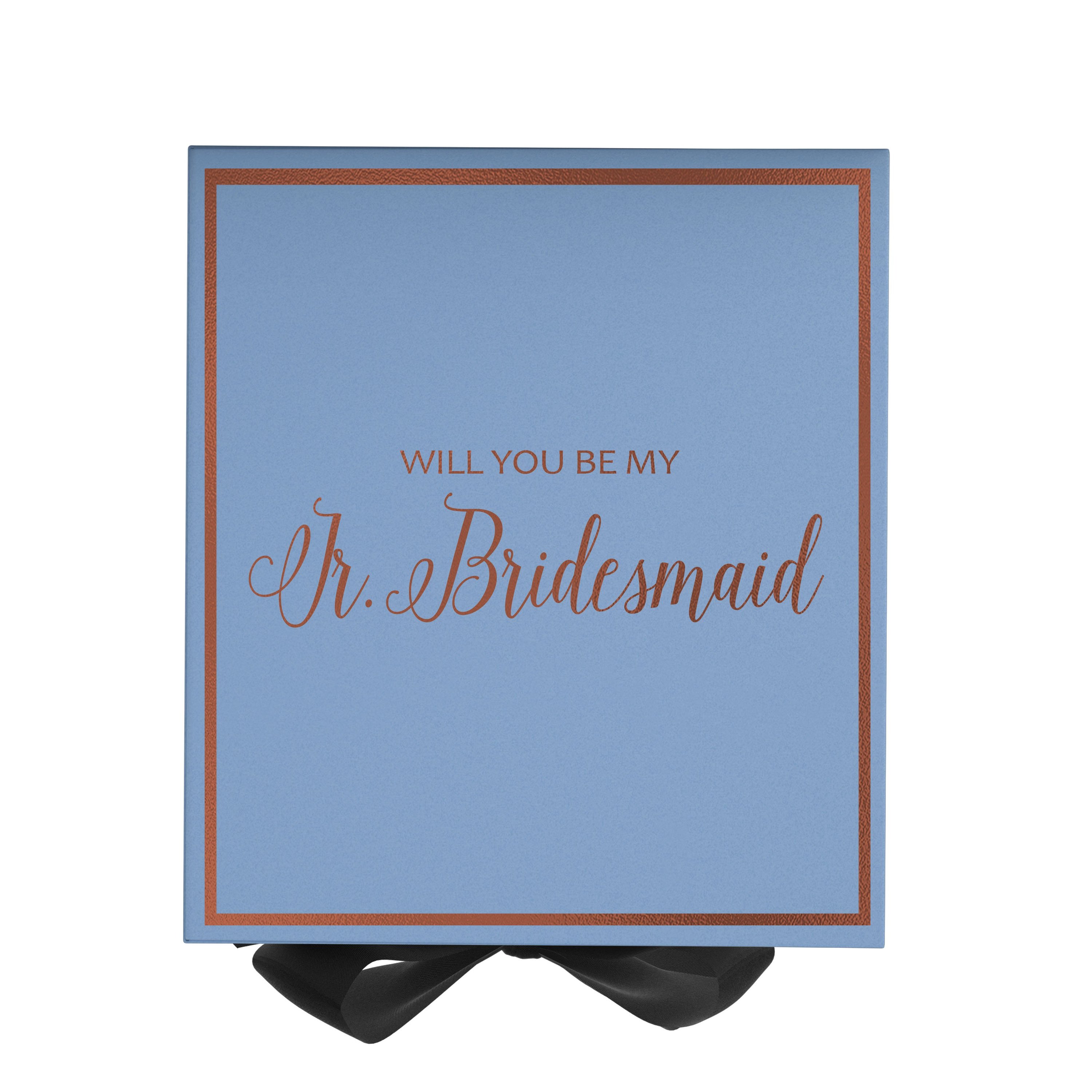 Light blue proposal box with black bow and metallic writing, perfect for asking a junior bridesmaid.
