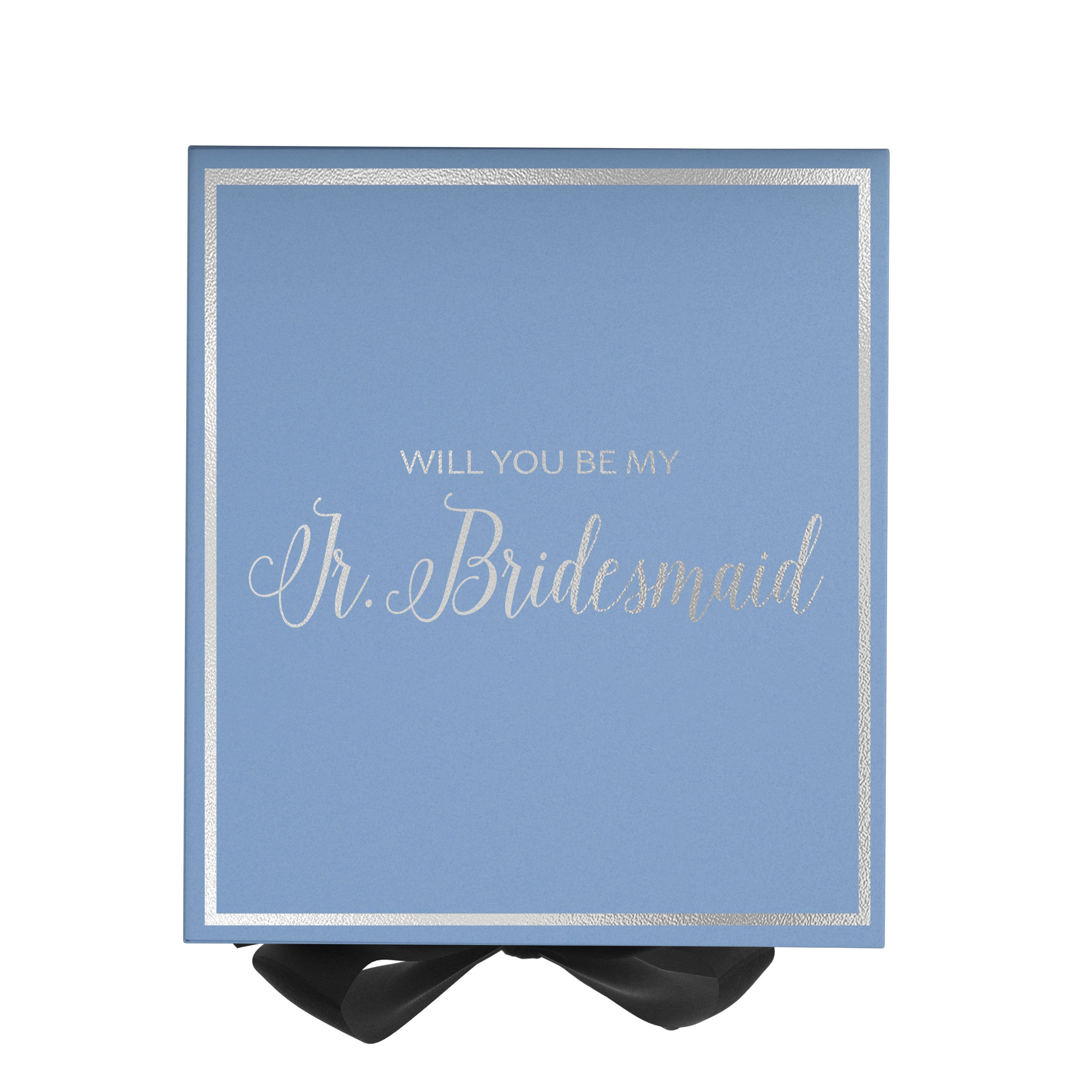 Light blue proposal box with black bow and metallic writing, perfect for asking a junior bridesmaid.